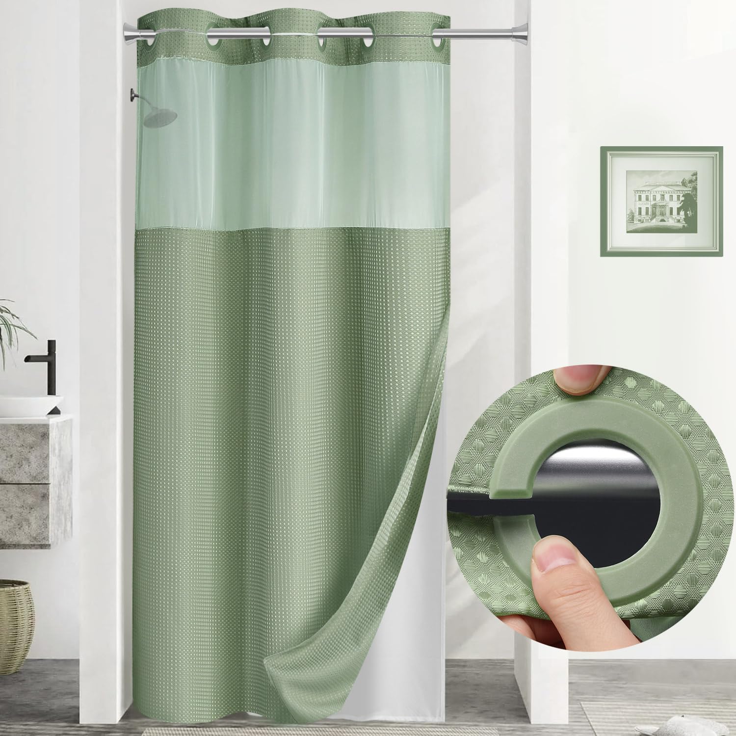 YellyHommy Stall No Hook Shower Curtain with Snap in Liner Set Less ...