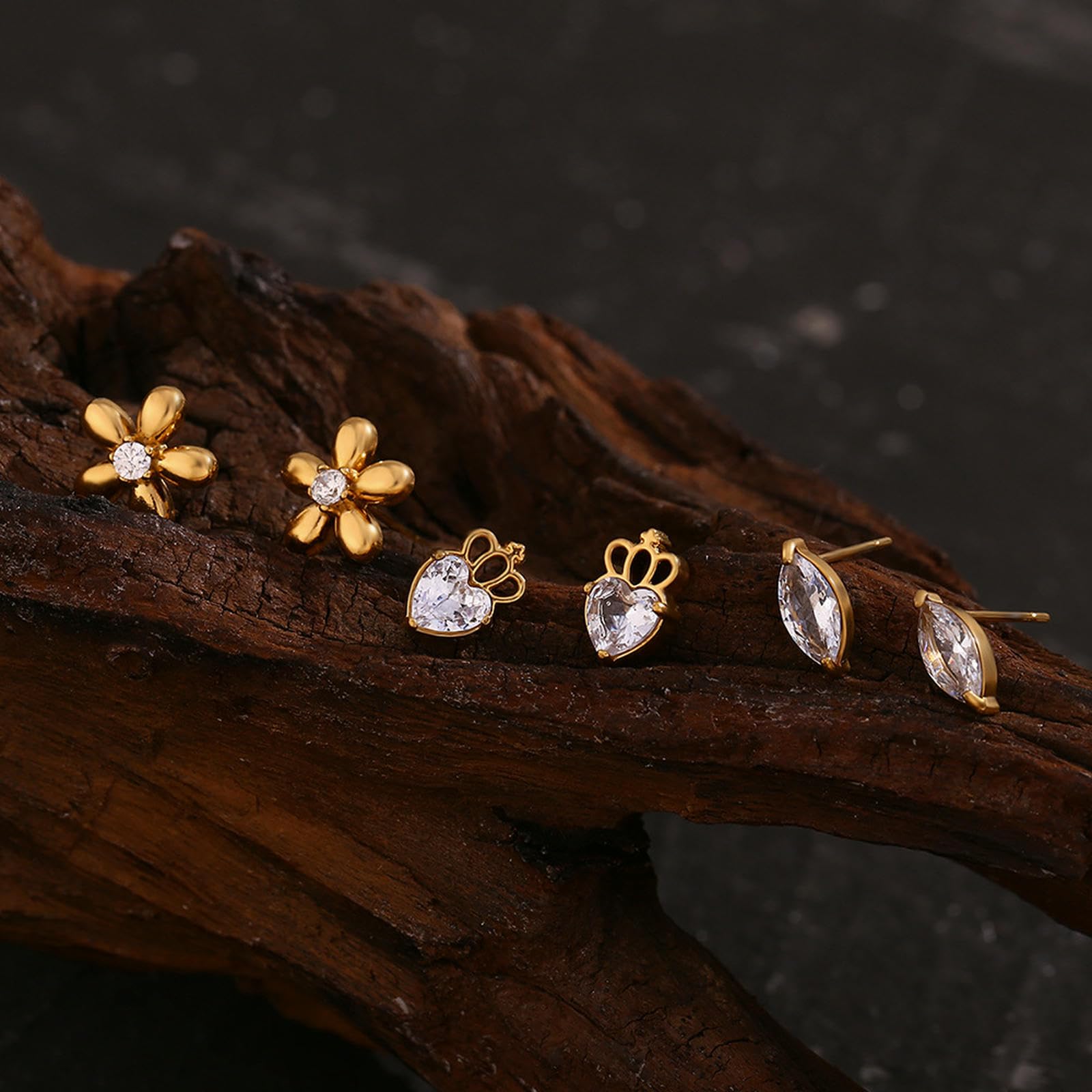 Edelstahl-Kronen-Ohrringe, 18 Karat vergoldet, Marquise-Kristall, Florale Ohrstecker, Elegantes Schmuckgeschenk für Frauen
