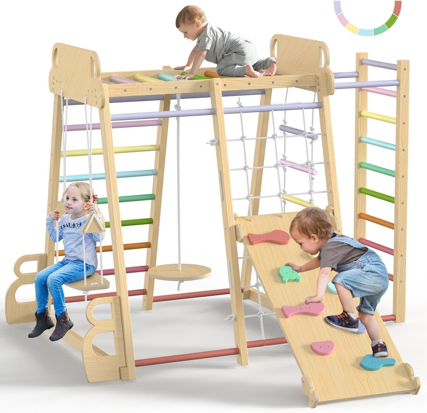 Maxi Klettergerüst Indoor, 10 in 1 Multifunktional Klettergerüst ab 1 Jahr, Montessori Spielplatz aus Holz mit Rutsche, Schaukel, Kletternetz, Kletterwand, Robust und sicher Kletterausrüstung