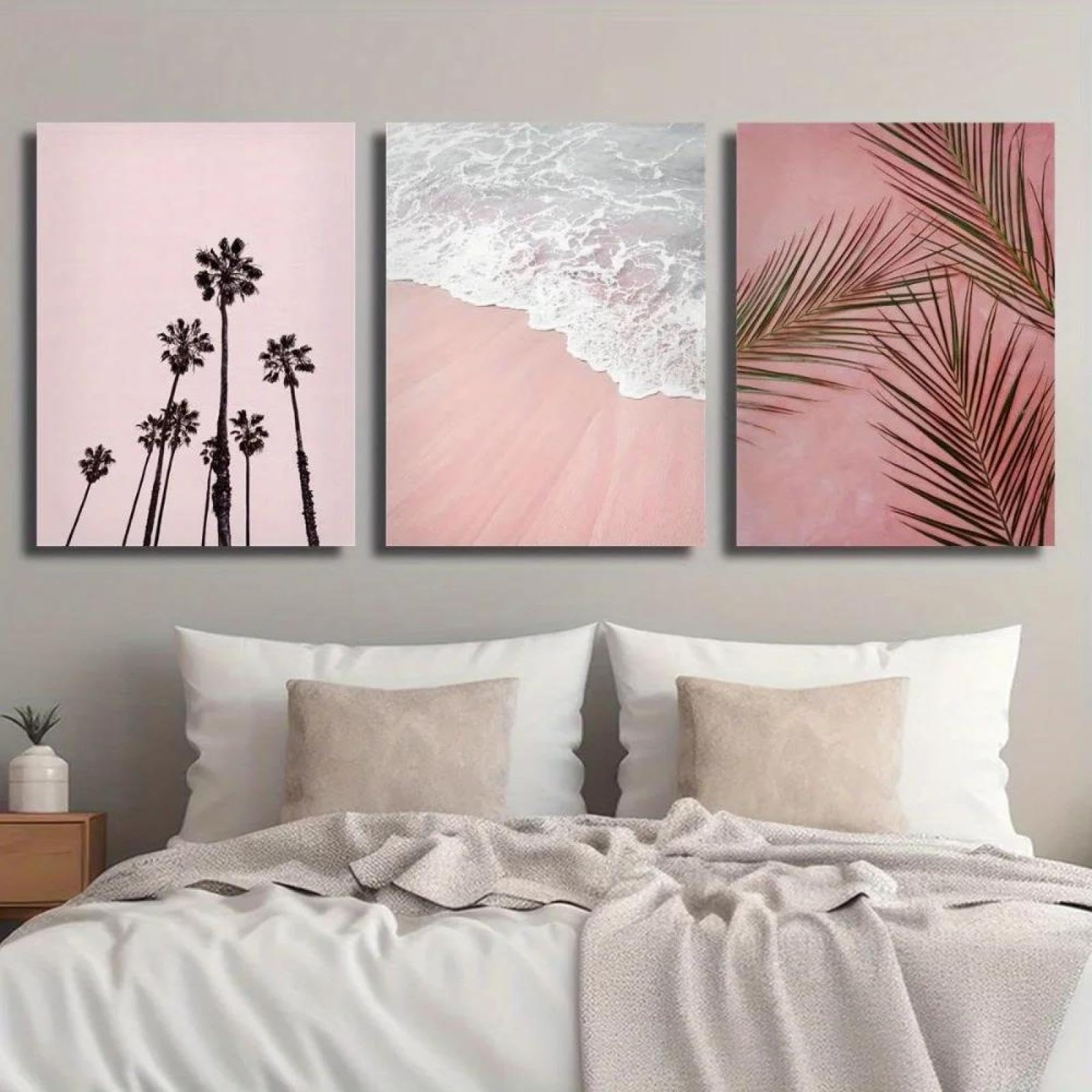 Yocheng 3pcs Coastal Beach Wall Art Set -Pink Palm Trees, Seashore Waves & Tropical Plants Canvas Prints 40x60cmx3 No Frame