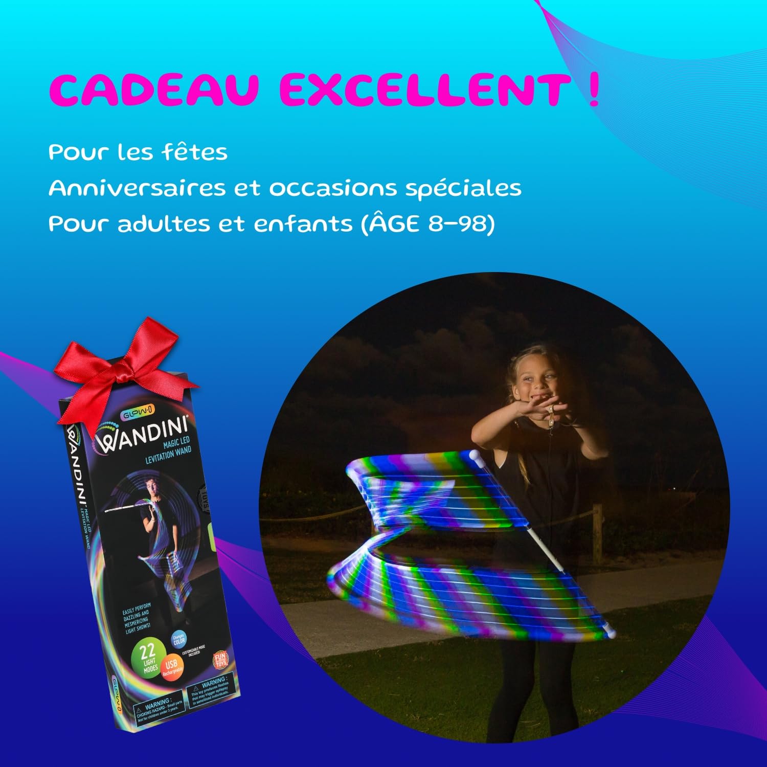 Wandini Glow.0 Baguette Magique Pliable de Lévitation à LED – Baguette Lumineuse Rechargeable par USB - 22 Modes de Lumière de Couleur – Bâton Magique à LED Brevetée et Équilibrée par des Experts.