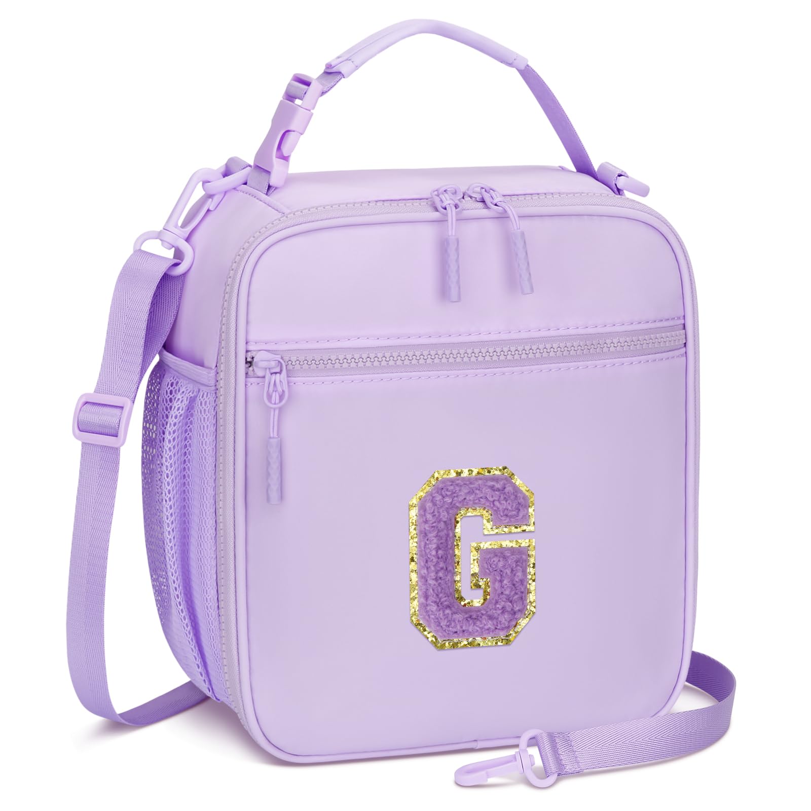 CLOUDWINGS Initial Insulated Lunch Bag for Girls Kids, Back to School Gift, Reusable Leak-proof Lunch Box with Adjustable Strap for School Daycare Travel Picnic (Purple,G)