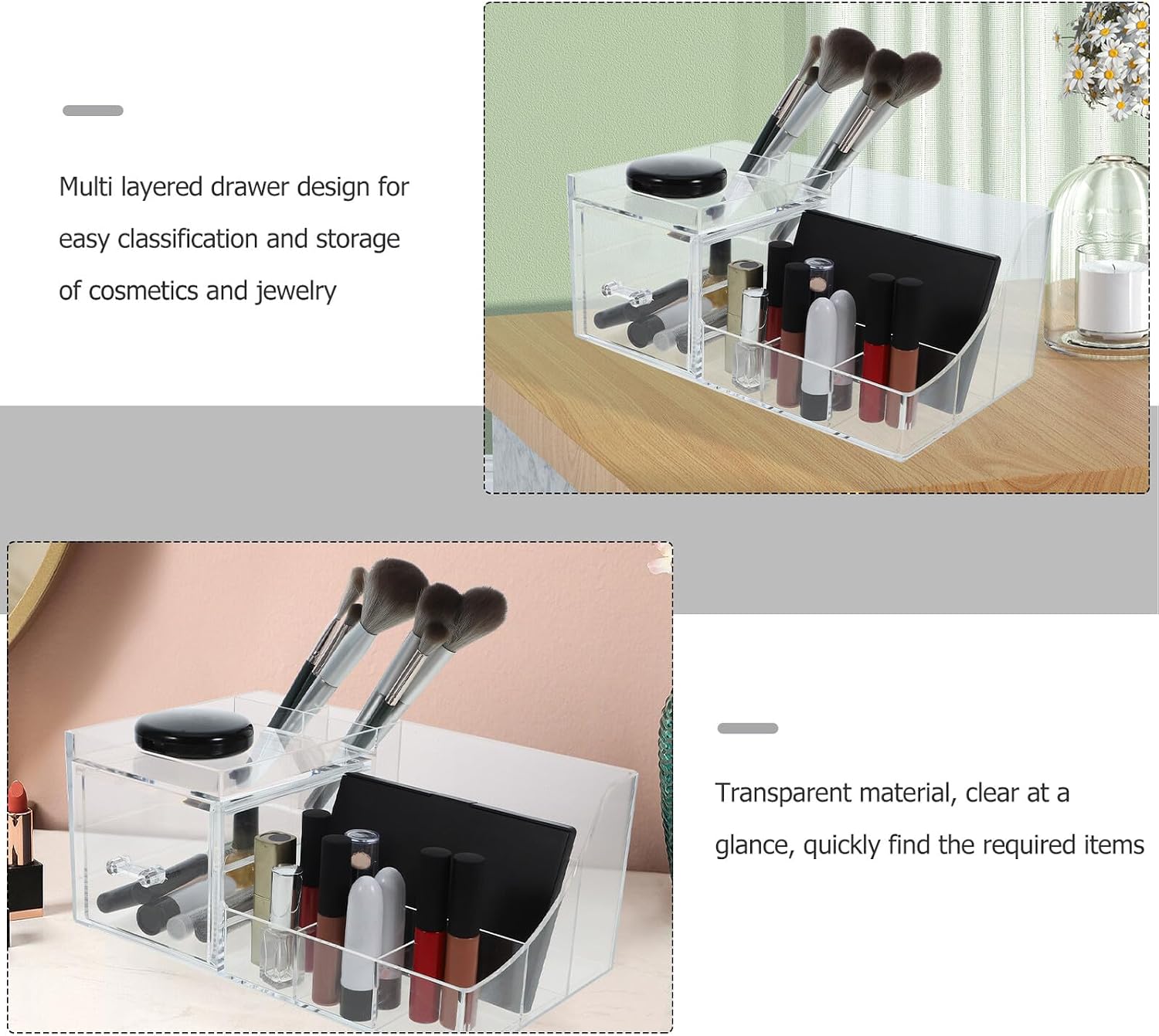 PRETYZOOM Makeup Storage Organizer Cosmetic Brush Holder with Drawers, Vanity Table Makeup Storage Box for Brushes and Jewelry, Desk Organizer for Beauty Tools image 3
