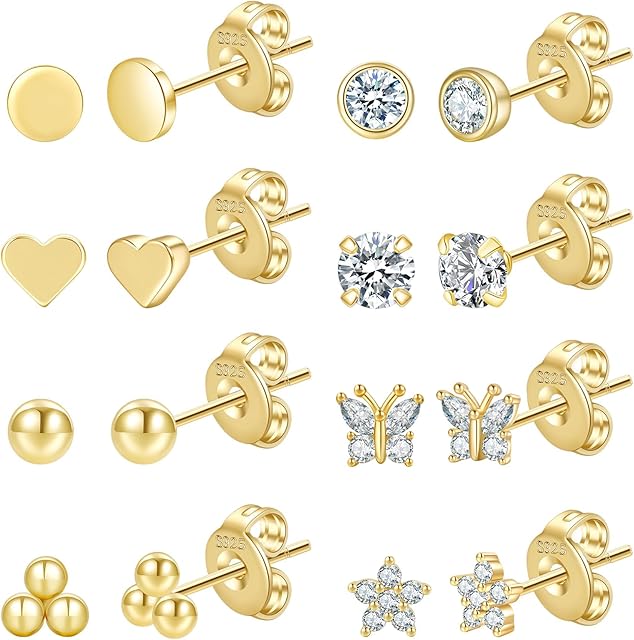 PRETOLE 6/8 Pairs Sterling Silver Stud Earrings for Women,14K Gold Plated Tiny Stud Earring Set for Multiple Piercing Cartilage Hypoallergenic Earrings Cubic Zirconia Small Stud Earrings for Girls Men