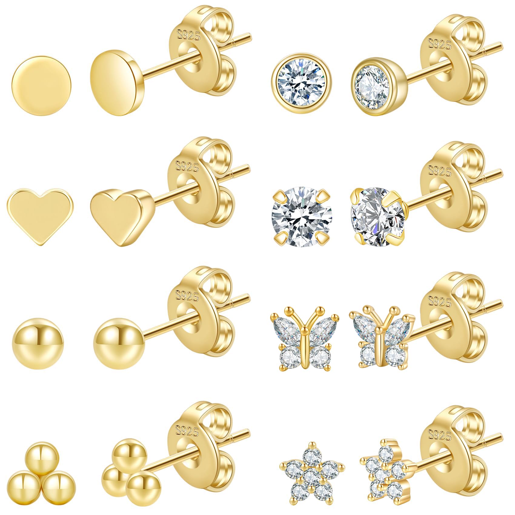 PRETOLE 6/8 pares de aretes de plata de ley para mujer, juego de aretes pequeños chapados en oro de 14 quilates para múltiples piercings de cartílago, aretes hipoalergénicos con circonita cúbica