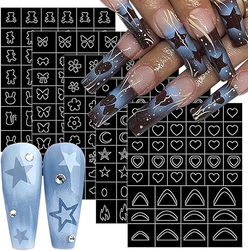 Miniatura 8 de 10 hojas de plantillas de aerógrafo, calcomanías de uñas para uñas, autoadhesivas, corazón, mariposa, flor, copo de nieve, estrella, punta francesa,