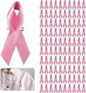 Lote de 100 pasadores con forma de cinta de raso rosa de cáncer de mama, color rosa y rosa con pasadores de lactancia precortados, para sensibilización sobre el cáncer de mama rosa en cinta
