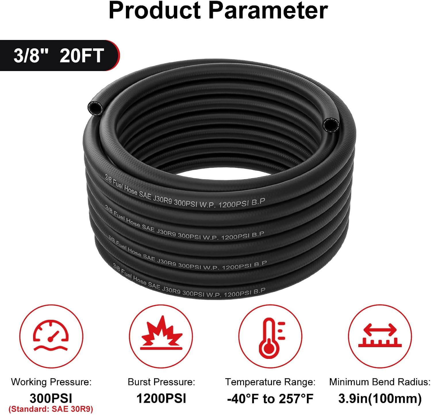 3/8 Fuel Hose Line, 20FT SAE 30R9 Push Lock NBR Rubber Hose 300PSI Black
