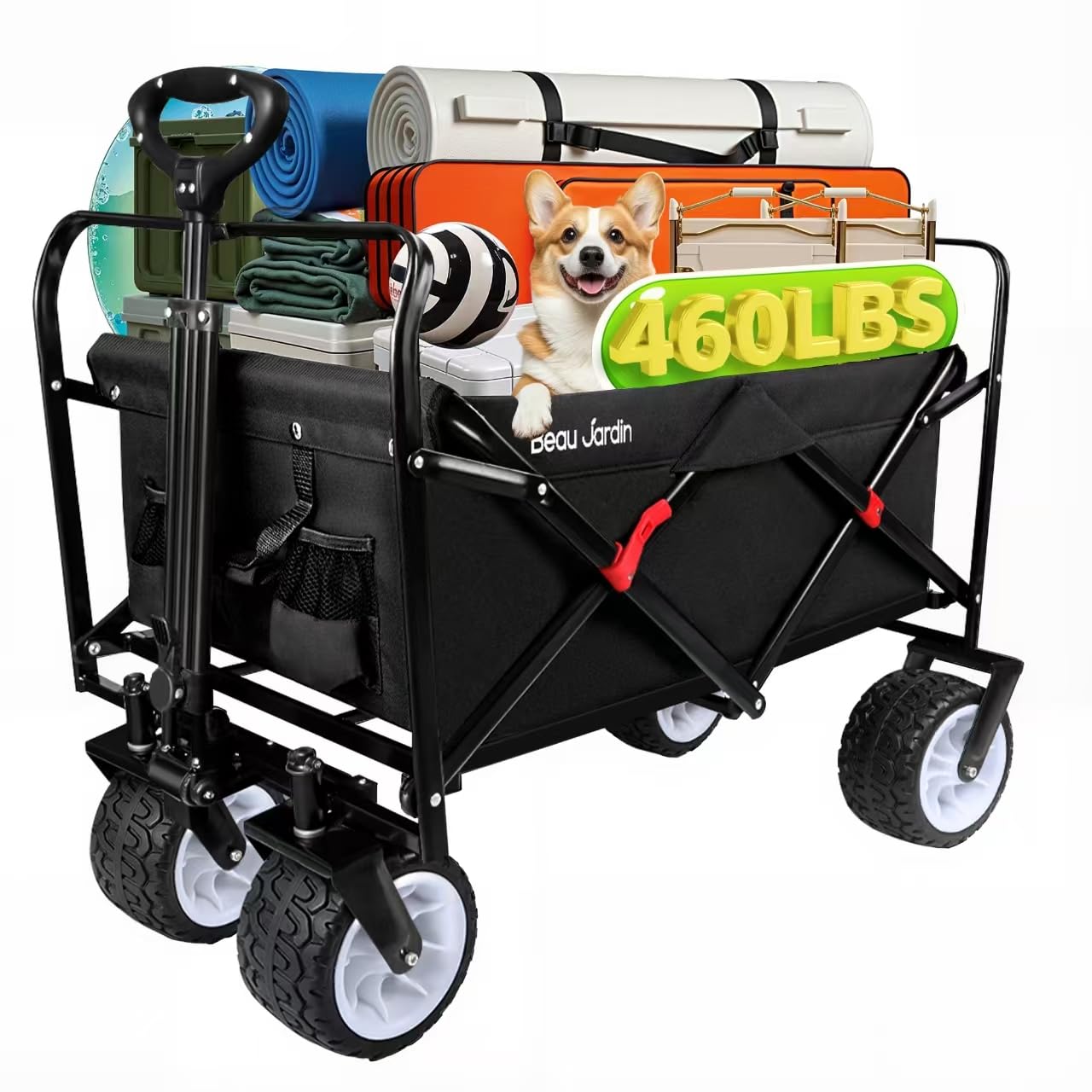 BEAU JARDIN Collapsible Folding Beach Wagon 460LBS Heavy Duty Foldable Wagon Grocery Utility Cart for Garden Sports Shopping Outdoor All Terrain Beach Wheel Black