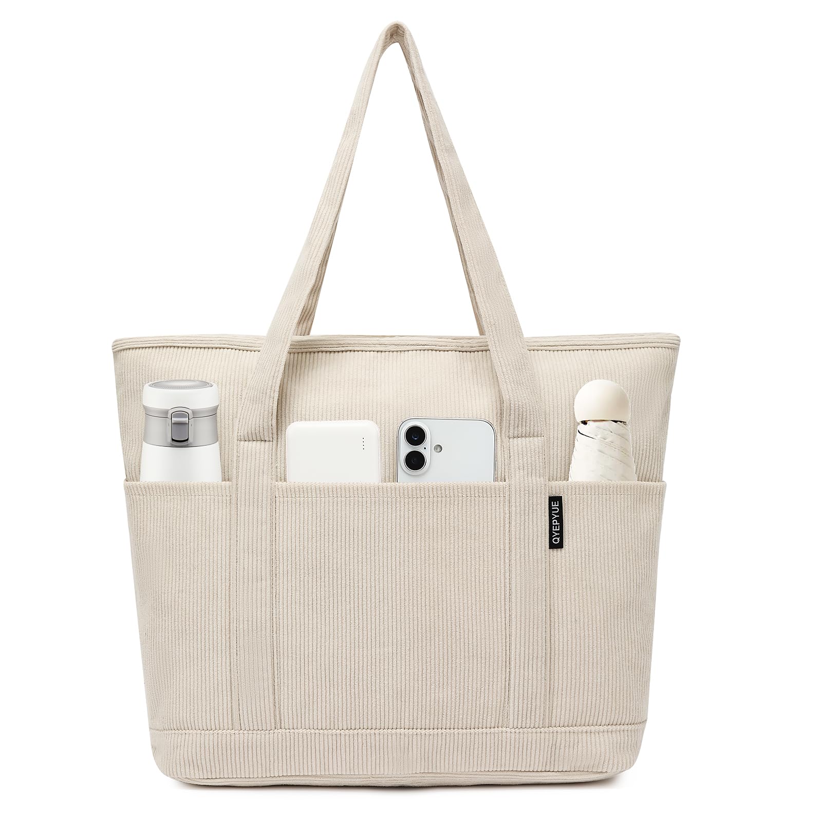 Large Canvas Tote Bag for Women, Beach Bag with Zipper, Utility Tote Bag with 3 Front Pockets, Weekender Pool Bag Beige