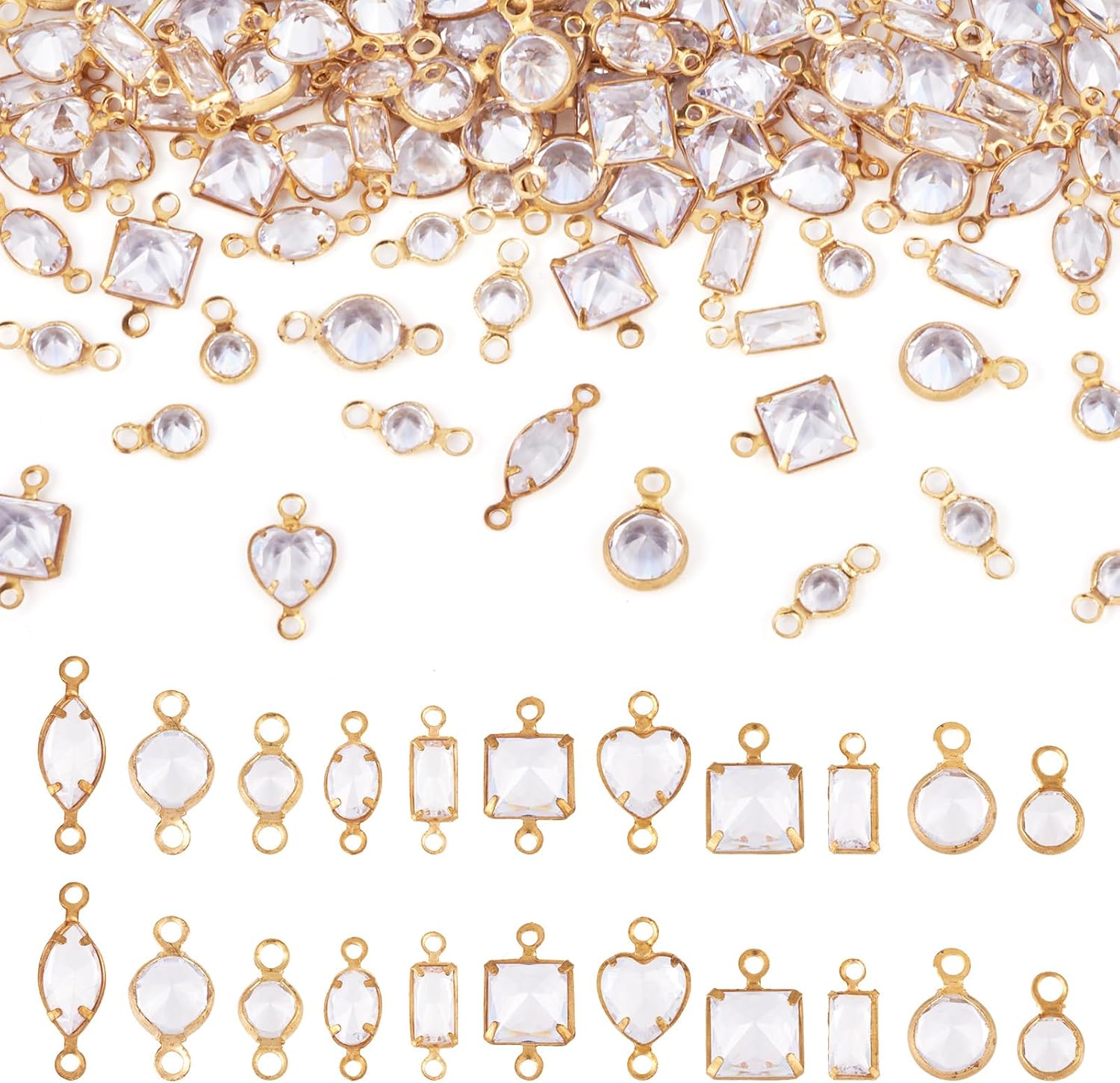 Cheriswelry 110Pcs Cubic Zirconia Link Charm Brass Micro Pave Clear Zirconia Connector Pendants Gold Filled Tiny Earring Charms 7.5-14mm for DIY Necklace Bracelet Jewelry Making