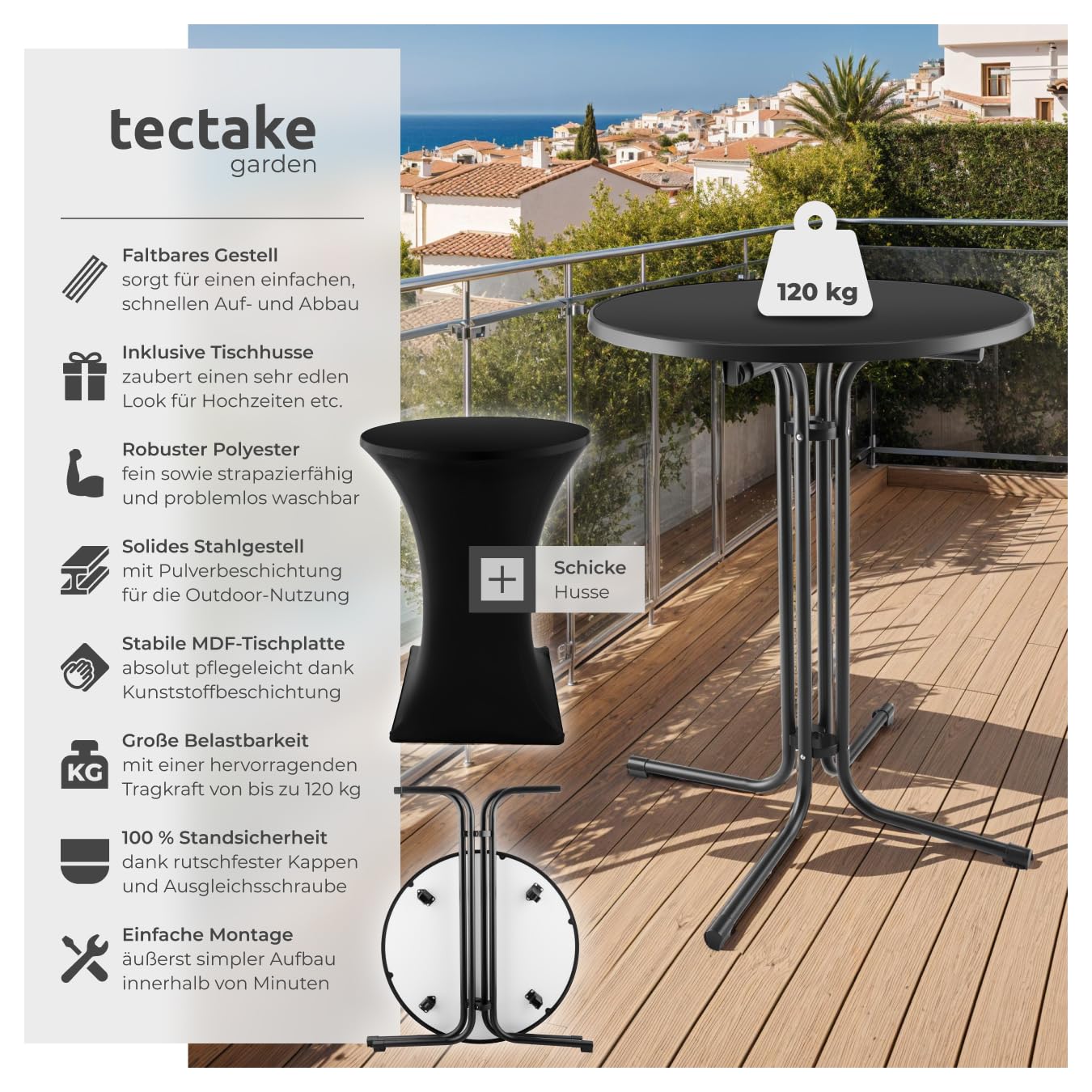 tectake® Gastro Stehtisch klappbar, Bistrotisch mit Husse, Tisch Ø80cm, Stehtisch mit MDF-Tischplatte, Gartentisch klappbar, Klapptisch, rund, Stahlgestell, stabil und robust - schwarz, 1 Stehtisch