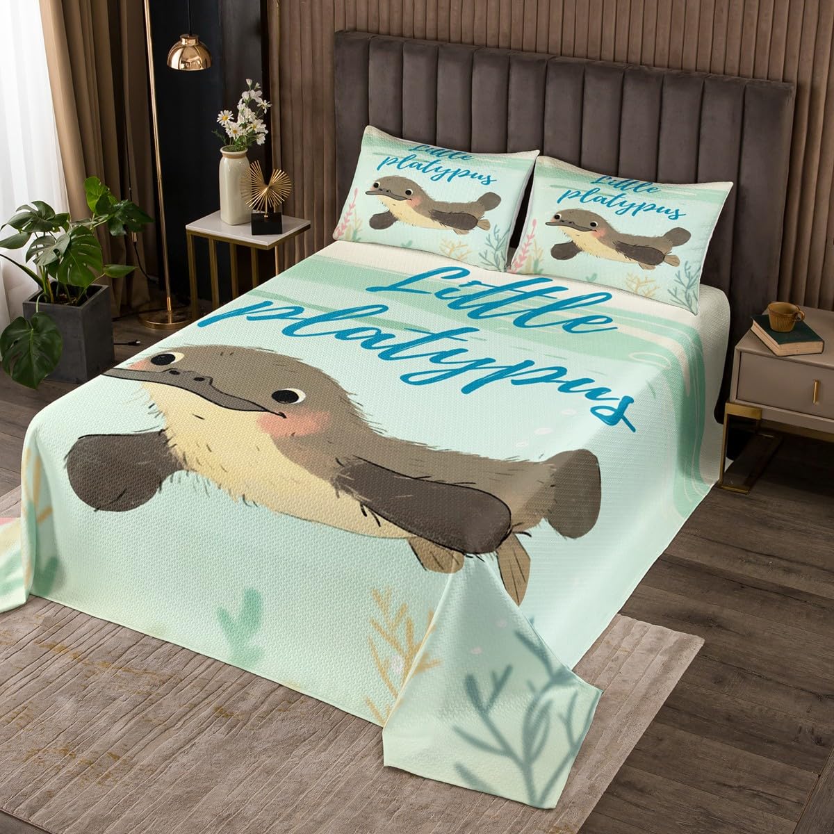Erosebridal Cartoon Platypus Bed Set Cute Animal Bedspread Sets Twin Size 2 Pieces for Girls Kids, Underwater Animal Marine Life Coverlet Set Brown Platypus Kawaii Quilts with 1 Pillowcase