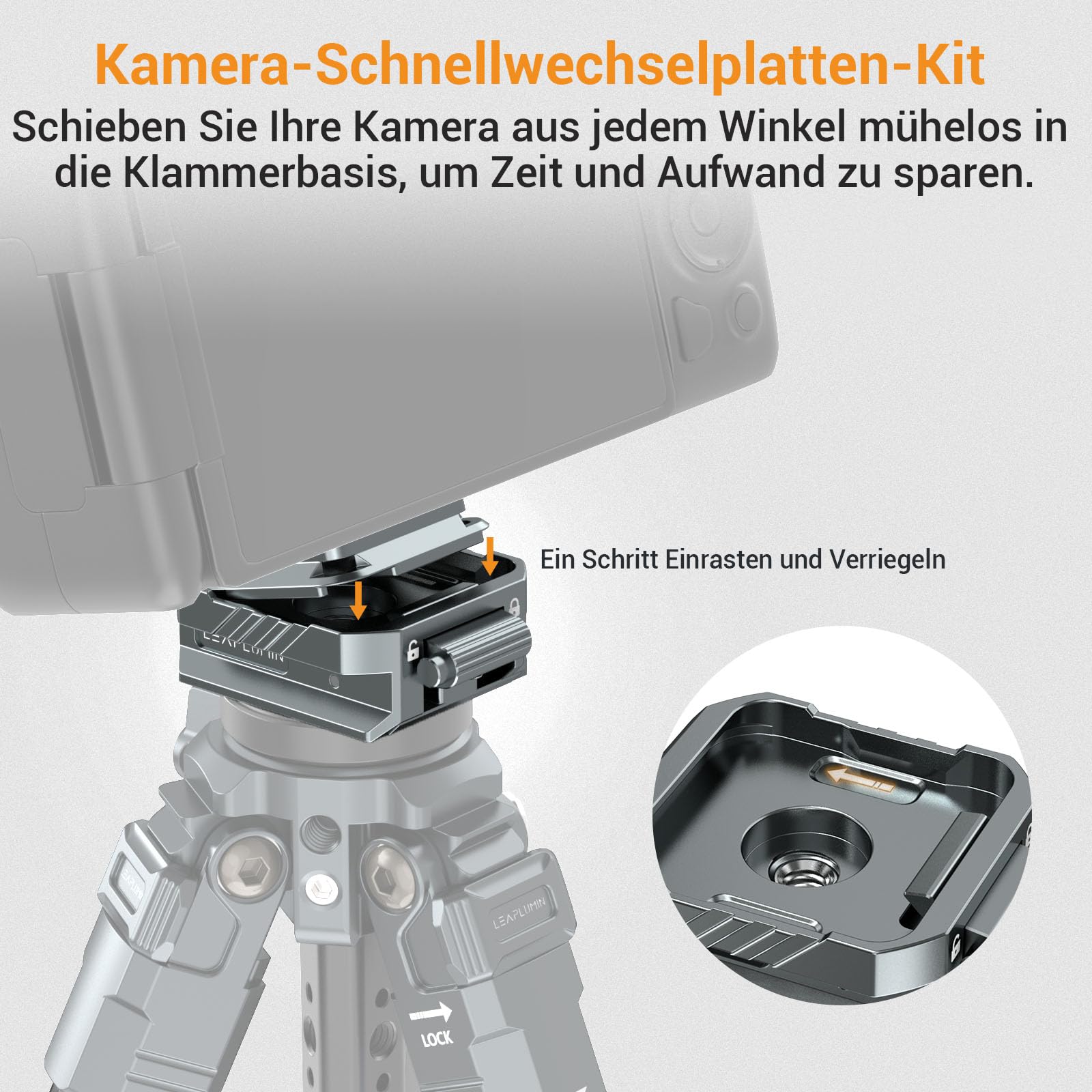 Kamera Schnellwechselplatten Kit – Arca Swiss Kompatible Aluminium Quick Release Plate mit Doppelsicherung & Auto-Lock Schnellverschluss – QR Klemme für DSLR, Stativ & Videokamera
