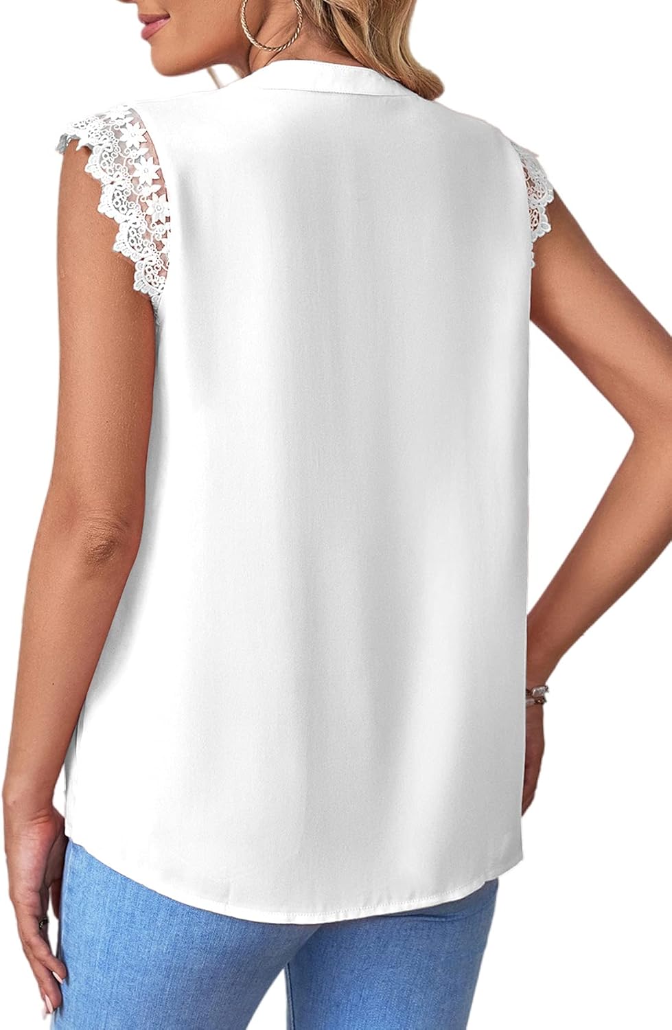 LYANER Women's Elegant Notch V Neck Lace Trim Cap Sleeve Blouse Shirt Sleeveless Top - Image 2