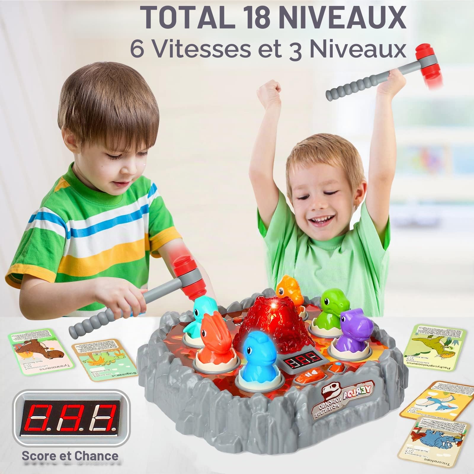 Yerloa Jeu de la Taupe pour Les Tout-Petits, Jouets interactifs Dinosaures pour Enfants de 3 à 5 Ans, garçons/Filles avec Son et lumière, Jouet Volcan en Spray 3 4 5 6 7 Ans avec 2 marteaux Souples