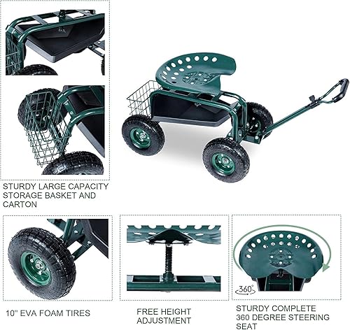 Miniatura 5 de KARMAS PRODUCT Carrito de taburete de jardín orientable con bandeja de herramientas y cesta de almacenamiento sobre ruedas, asiento de trabajo