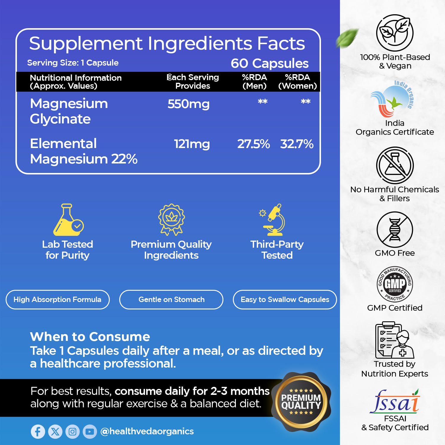 Health Veda Organics Magnesium Glycinate Supplement 550 mg | 60 Veg Capsules for All Adults | Supports Sleep, Relaxation & Muscle Recovery
