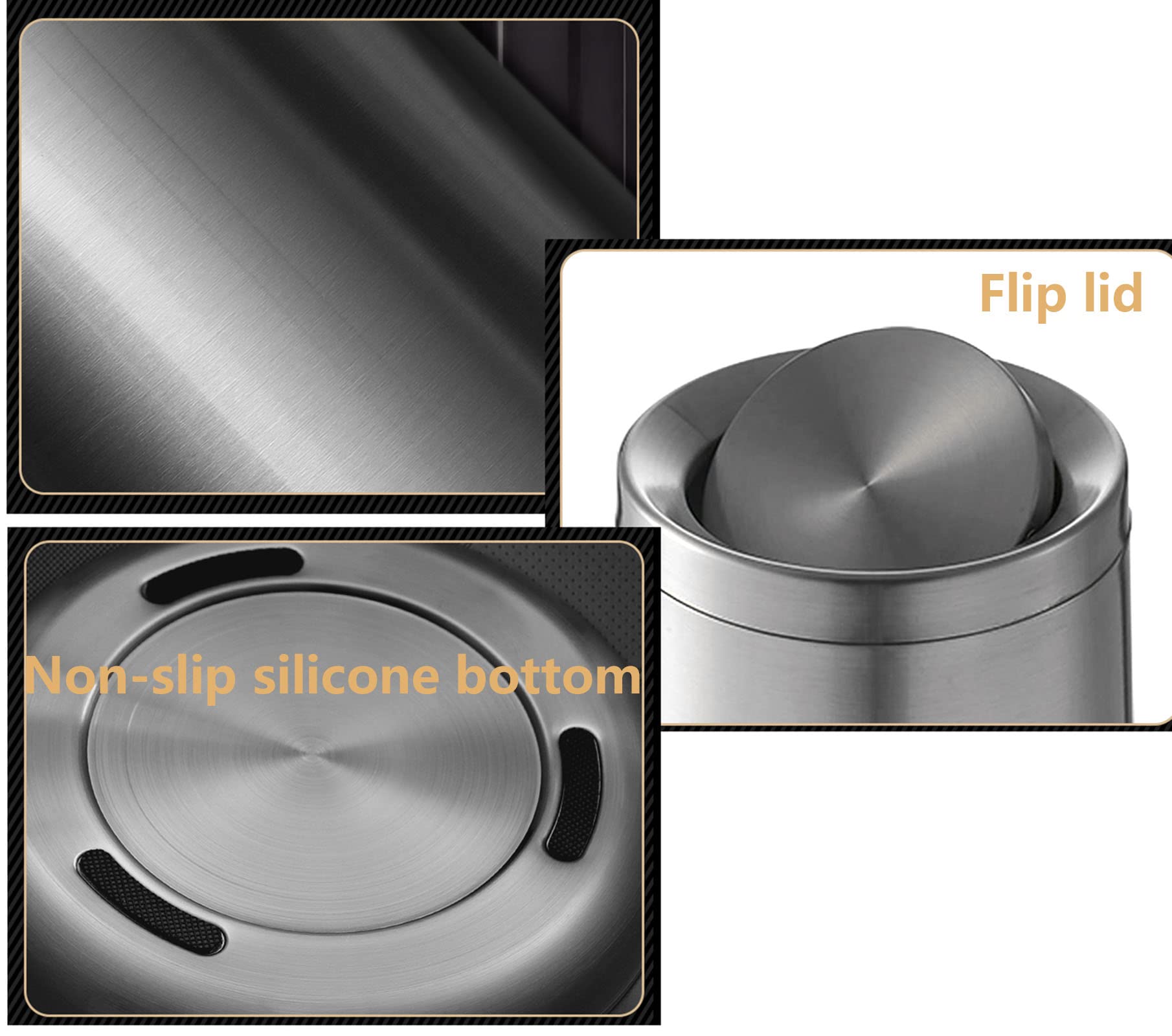 Pattumiera in acciaio inox con coperchio ribaltabile a doppio strato, piccolo cestino per la spazzatura per bagno e cucina (nero)