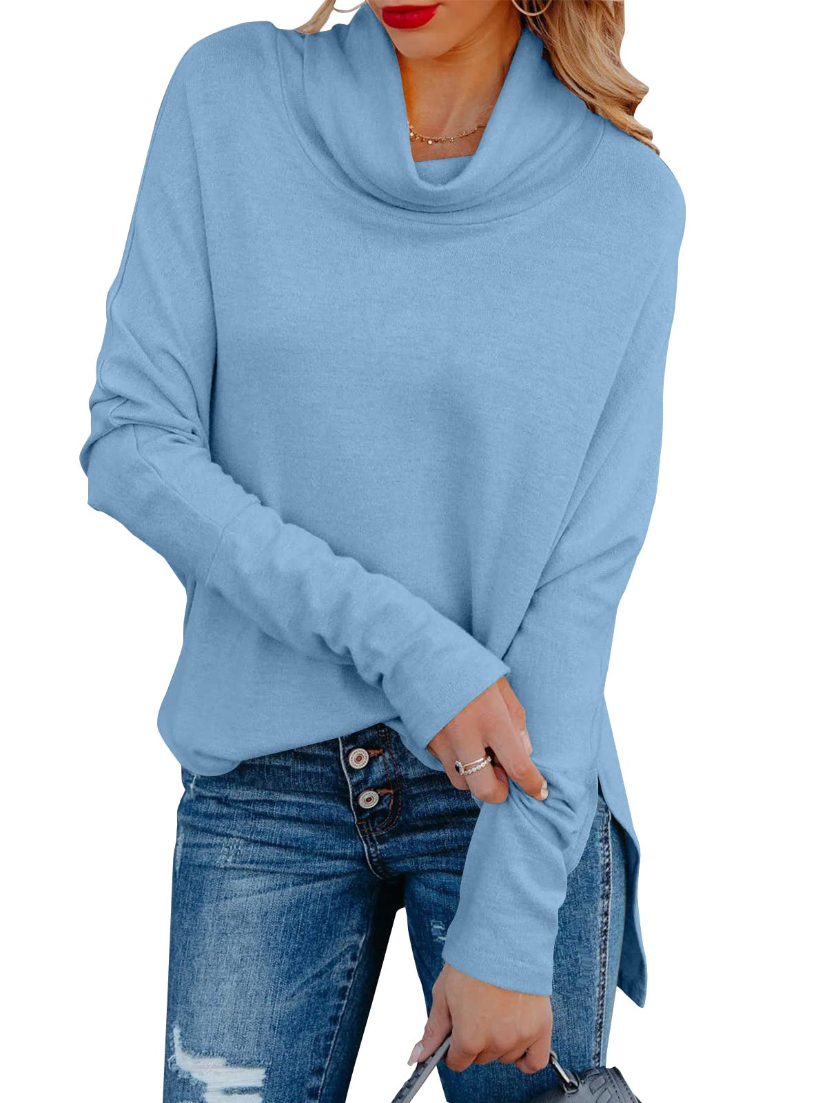Women's Long Sleeve Cowl Neck Pullovers Side Split Casual Sweatshirts Tunic Tops