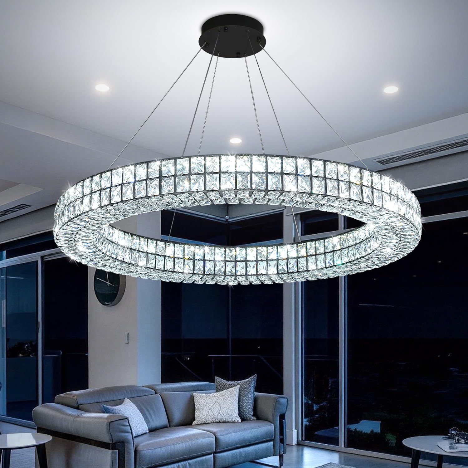 Photo 1 of IDEQUY Large Ring Chandelier 47.5 inch Black Modern Crystal Chandelier Lighting High Ceiling Foyer Chandeliers for Living Room Dining Room Staircase Led Dimmable 2700k-6000k