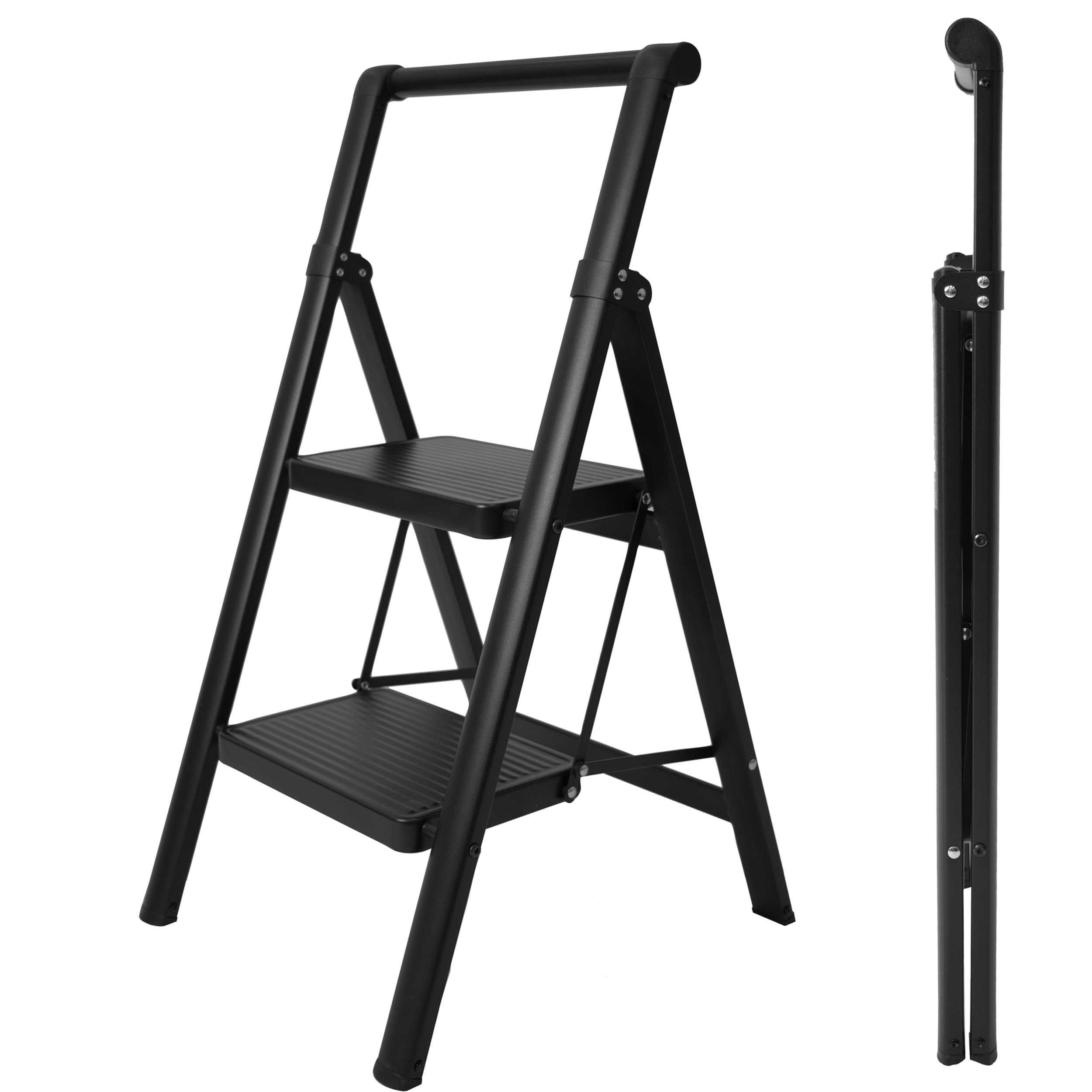 UZIRO Folding Ladder with 2 Steps, Lightweight and Compact, Decorative Design, Wide Non-Slip Steps, Ideal for Home, Kitchen and Office Use, Easy to Store (Black, 2 Steps)