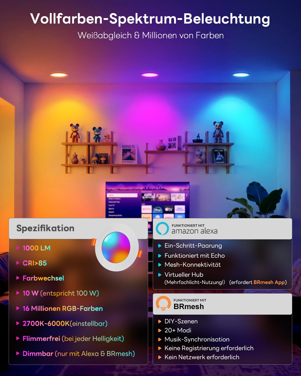 LED Einbaustrahler 230V RGB Alexa, 10W Smart LED Spots Bluetooth 2700K-6000K, Einbauspots Flach Dimmbar Farbig, IP44 Einbauleuchten APP Steuerung, Farben Spots Deckenspots 6 stück