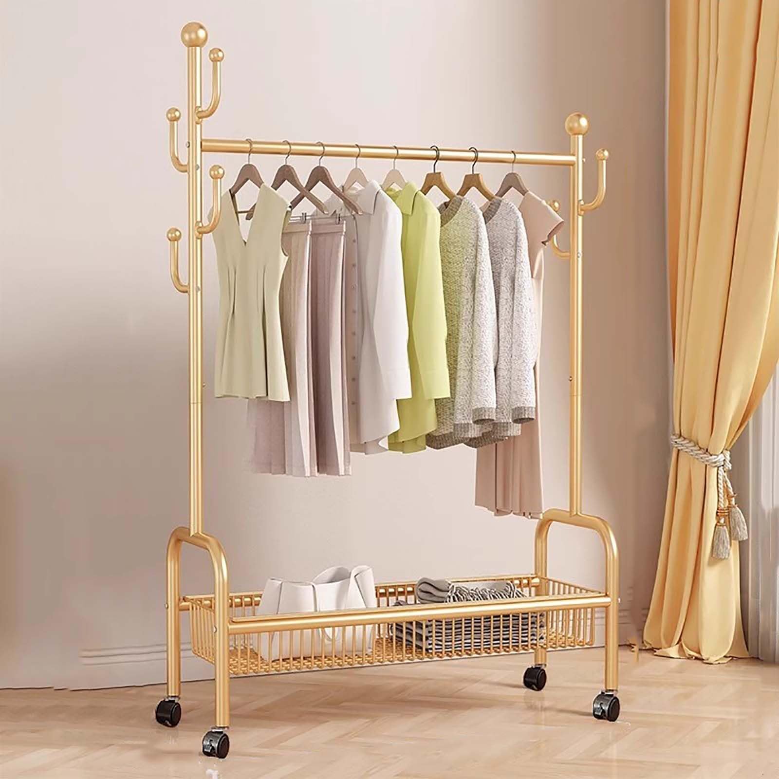 YNBSHGAA Heavy-Duty Rolling Garment Rack with Integrated Basket, Free-Standing Metal Clothes Hanger for Bedroom, 60cm/23.6in, Stylish Gold Finish,Gold-80cm/31.5in