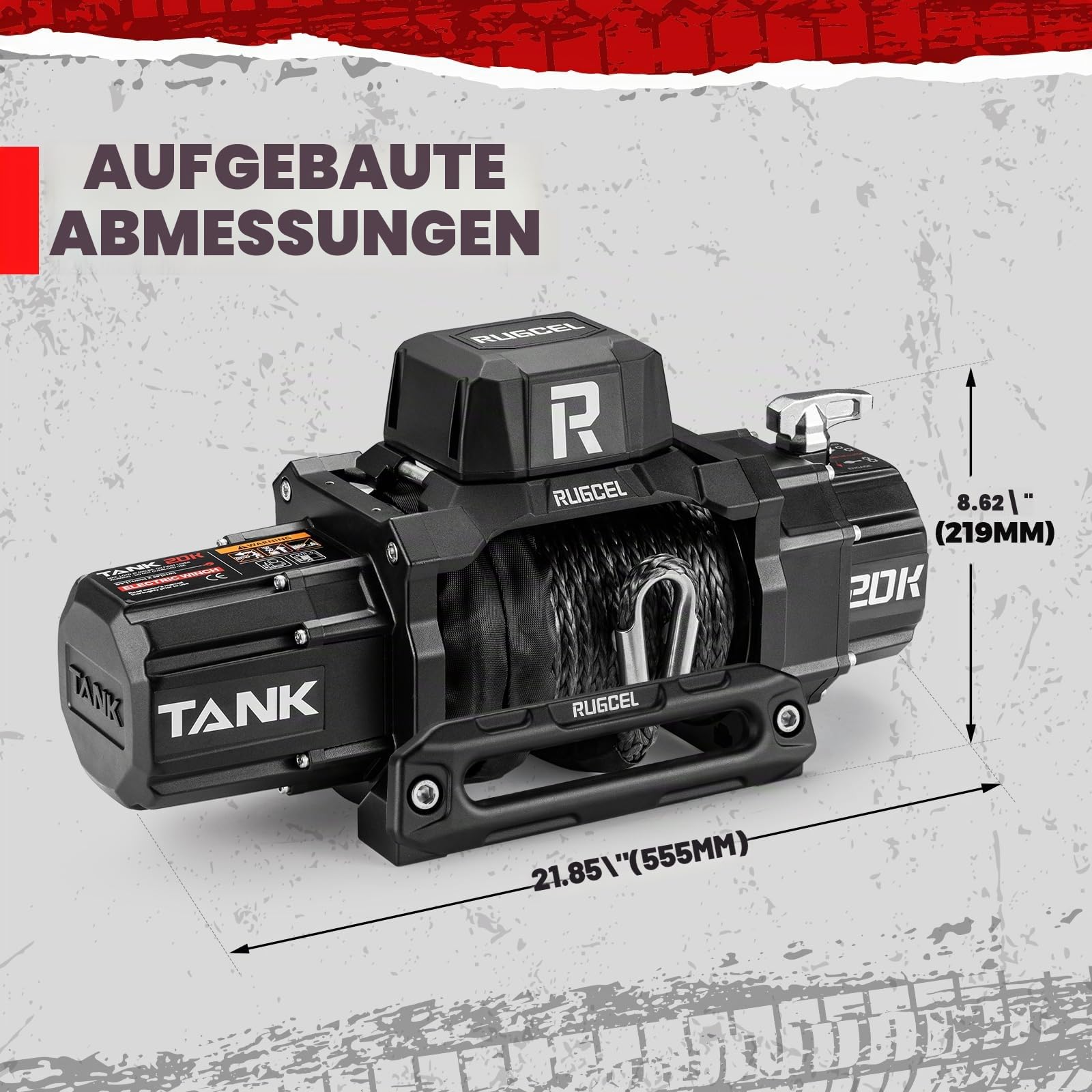 RUGCEL 20000LB Elektrische Seilwinde 12V, 9072KG Bergewinde mit Synthetikseil, IP67 Wasserdicht, für LKW, Traktor, Nutzfahrzeuge, Abschleppwagen, Offroad Fahrzeuge und Forstwirtschaft