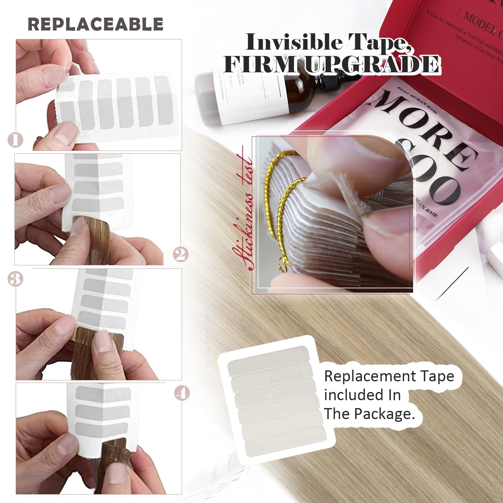 Moresoo Tape in Hair Extensions Human Hair 100g Tape Hair Extensions Ash Blonde with Bleached Blonde Thick Human Hair Extensions Tape-ins Invisible Double Side 24 Inch 40 Pieces #P18/613 - Image 4