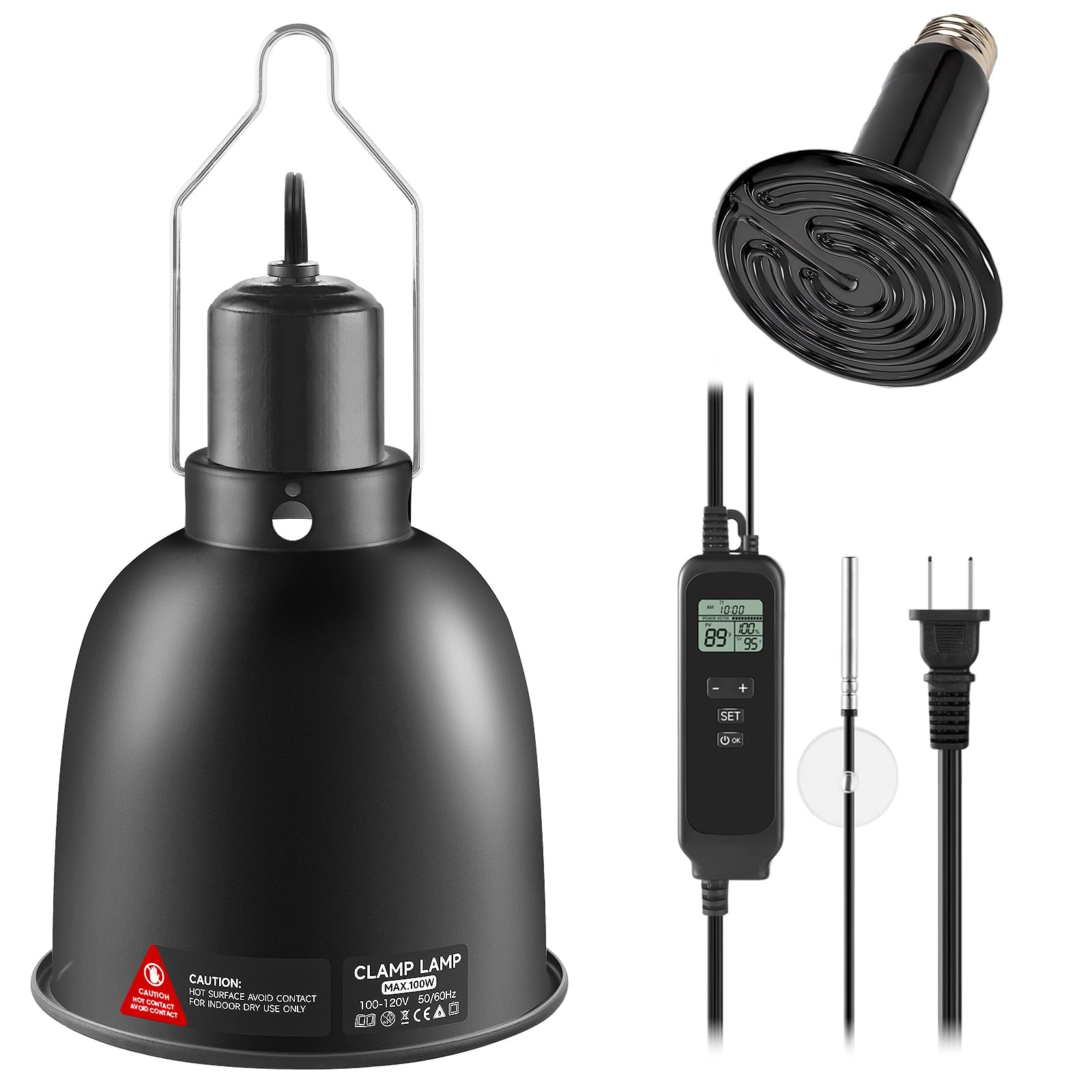 juttilax 5.5 inch Reptile Heat Lamp Fixture with Thermostat and Timer,Reptile Light Fixture with 100W Ceramic Heat Emitter, PID Temperature Controller for UVB Lights, Basking Bulbs and Terrariums