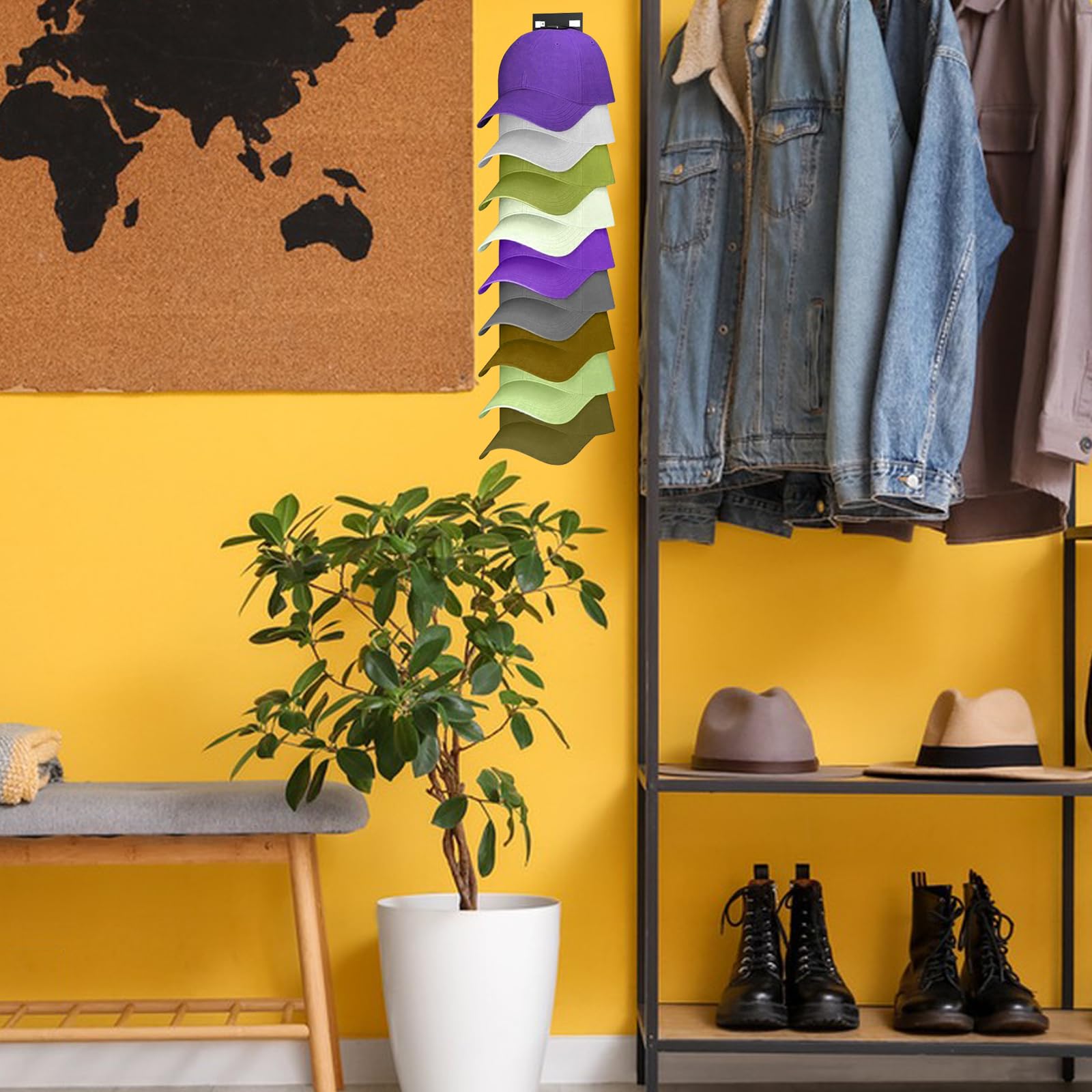 2 piezas Colgador Gorras Autoadhesivo, Organizador Gorras para sombreros de pared con adhesivo fuerte, Soporta Hasta 18 Sombreros para Puerta, Armario y Dormitorio​ (Negro)