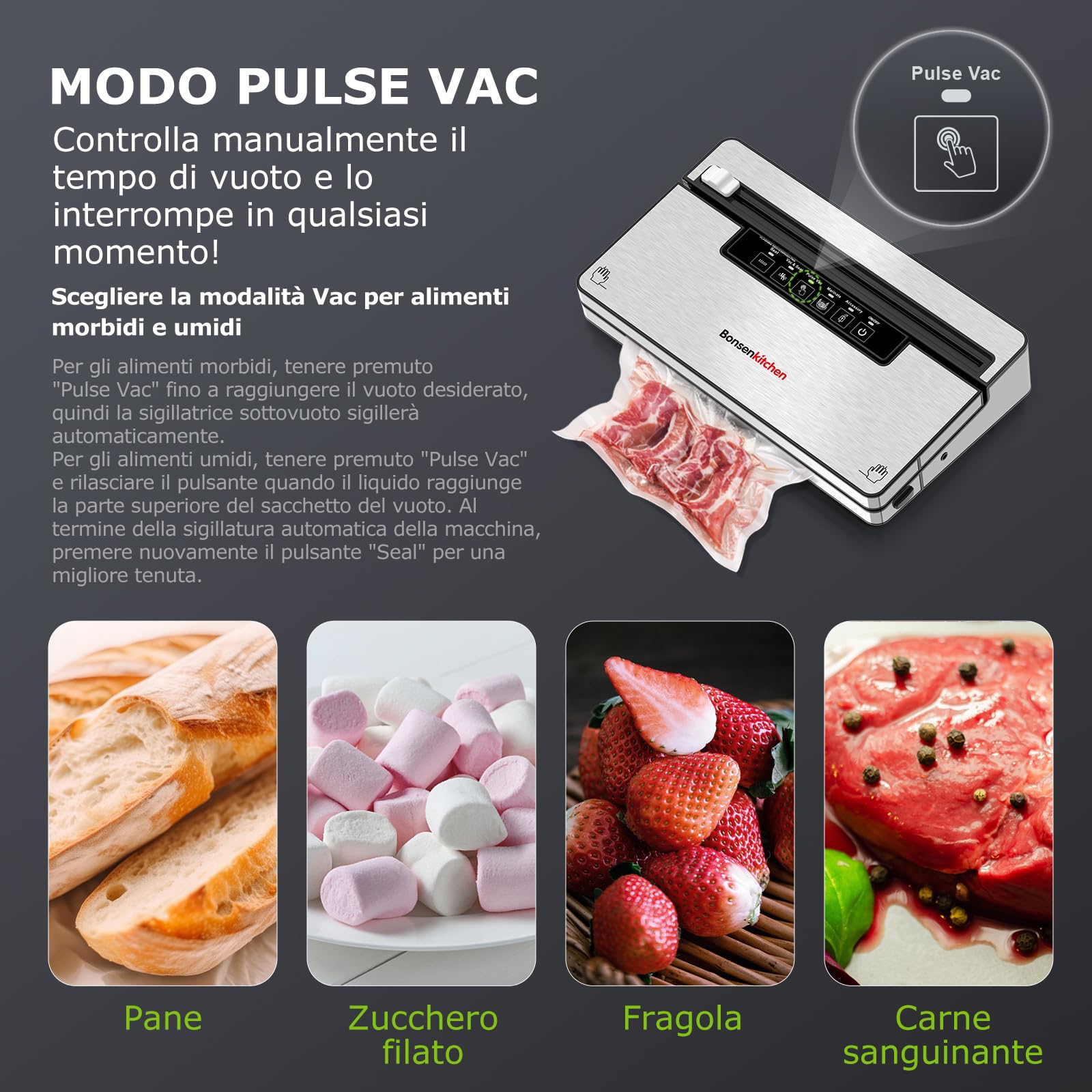 Bonsenkitchen Macchine Sottovuoto Alimenti, 5 Modalità di Sottovuoto Alimenti,8 L/min,Tecnologia Globefish per Lavoro Continuo ad Alta Velocità,Include 5 Sacchetti Sottovuoto e 1 Sacchetto in Rotolo