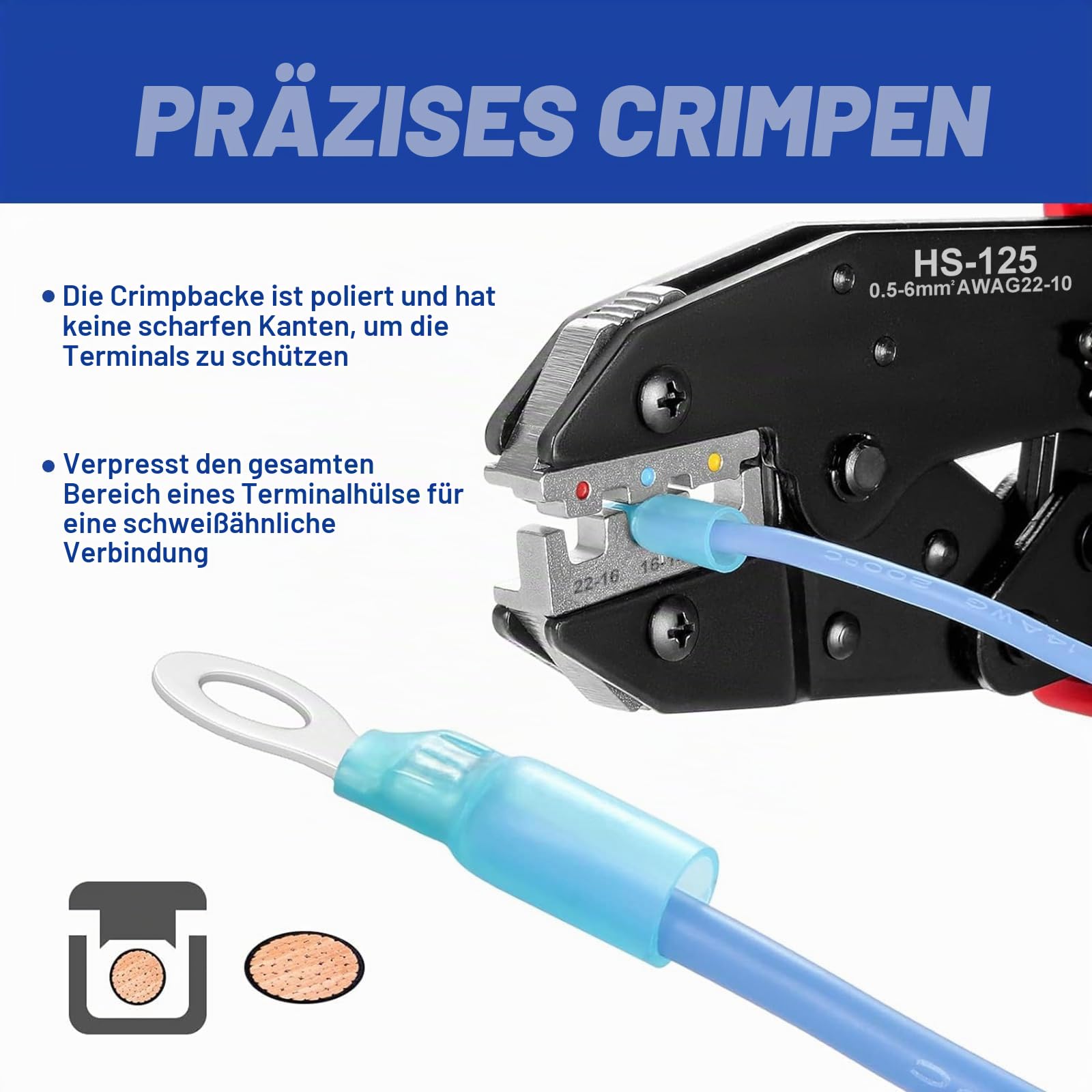 Crimpzange Set 6-tlg, Wechselbacken und Ratschen-Krimperzange | Für Schrumpfschläuche, isolierte Nylonkabel, nicht isolierte Kabel, Aderendhülsen, offene Kabelschuhe, Solar/PV Stecker