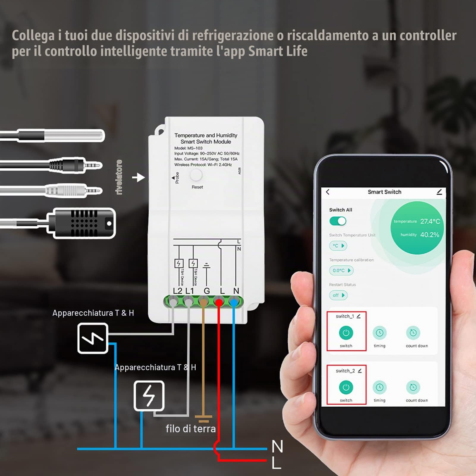 Interruttore Temperatura WiFi, Controllo Termostato Intelligente con Sonda Termica, Doppia Uscita Relè 90-250V per Terrario Umidificatore (Senza sonda di umidità)