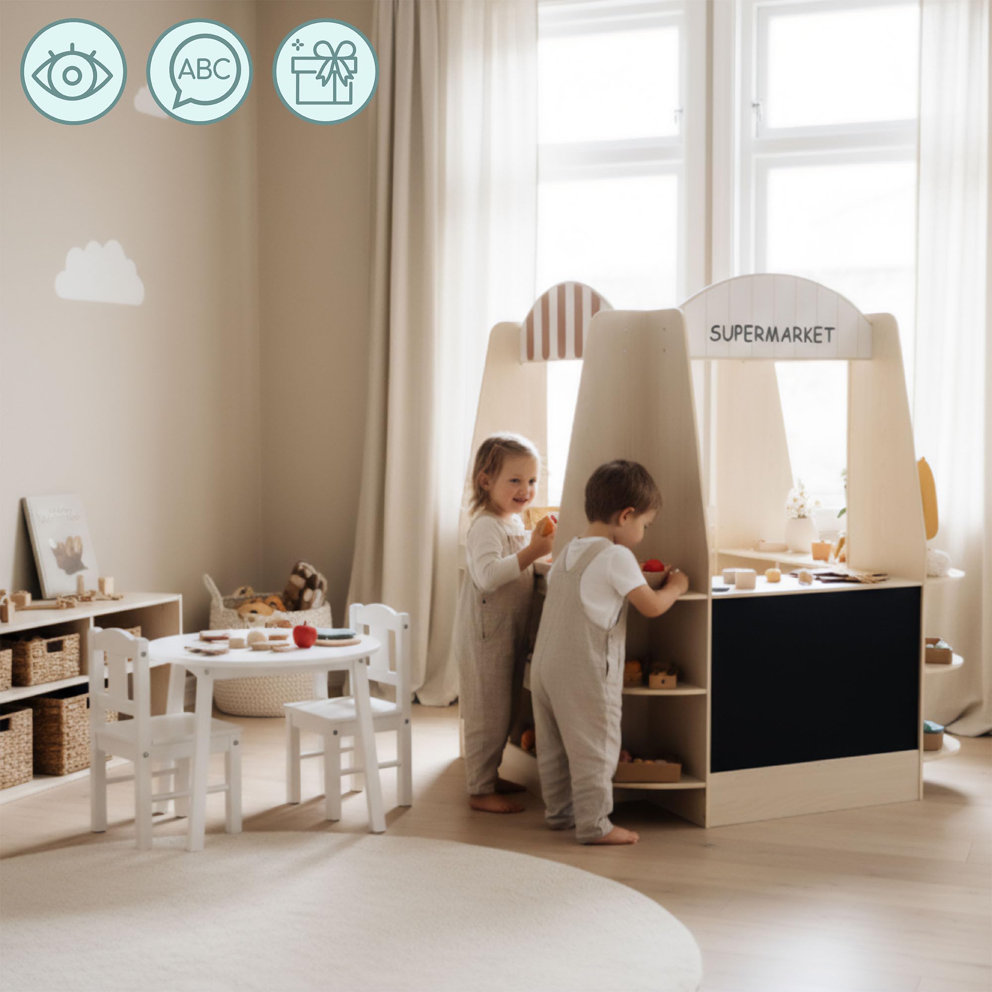 Mamabrum Grande Negozio di Legno per Bambini - 91 Pezzi per Gioco di Shopping con Lavagna, Frutta Verdura Cassa Accessori Educativi Divertimento 3+