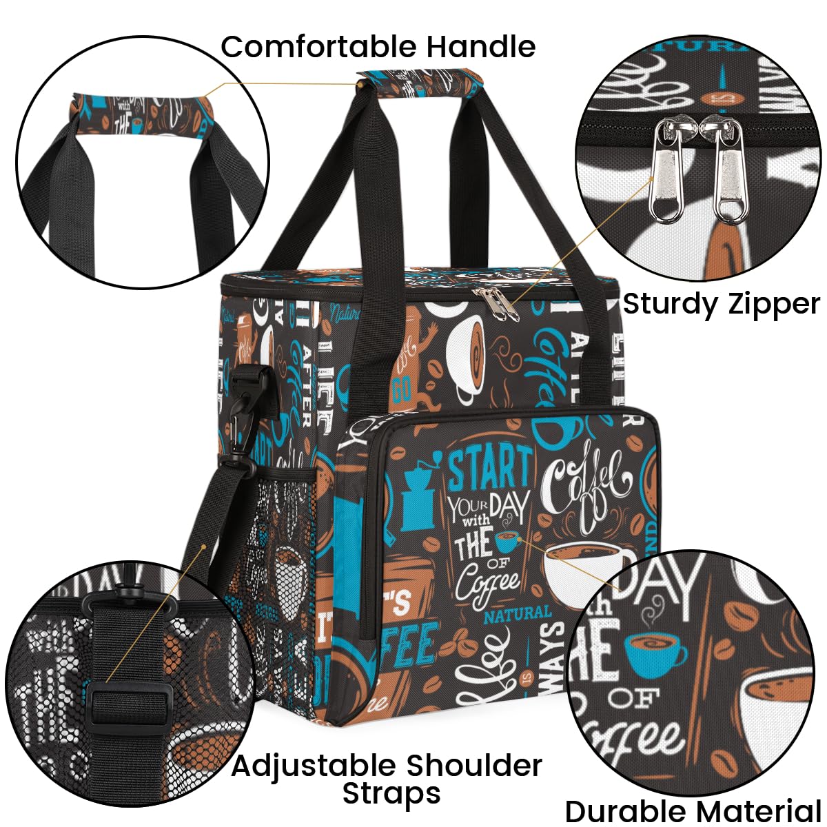 Blue Coffee Cafe - Bolsa de transporte para cafetera, bolsa de transporte de viaje, compatible con Keurig K-Mini o K-Mini Plus, funda portátil de una sola porción con bolsillos para cápsulas K-cup