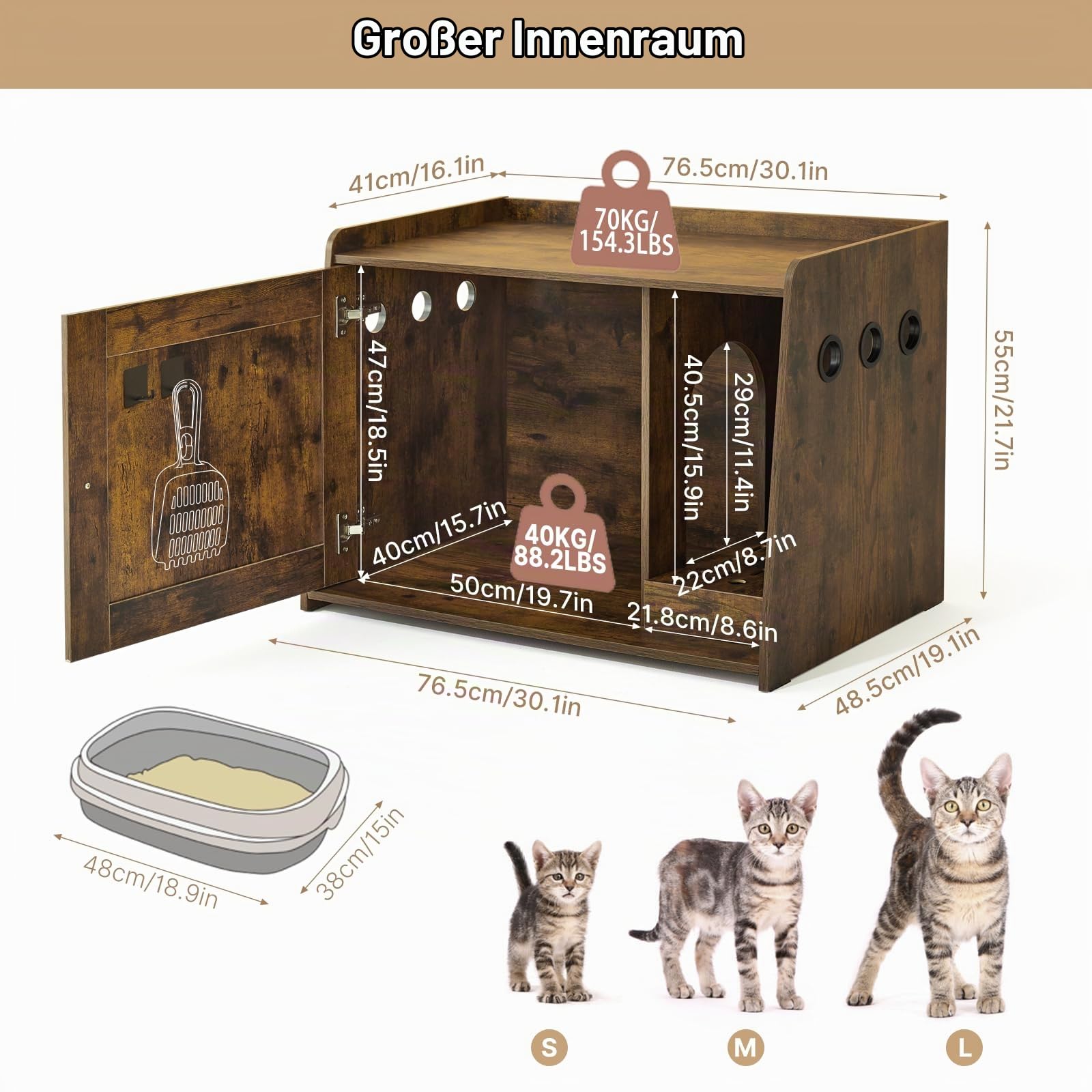 Mondeer Katzenschrank Katzenklo, mit Tür, Stauraum, Industrial Style,Braun | Versteckte Katzentoilette, zugleich Katzenhaus. Für Wohnzimmer, Schlafzimmer, Flur. Stilvoll, geruchsarm.