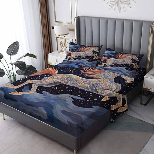 Sábanas de caballo tamaño King, sábanas de cielo estrellado, sábanas y fundas de almohada estampadas de 4 piezas, sábana bajera ajustable de