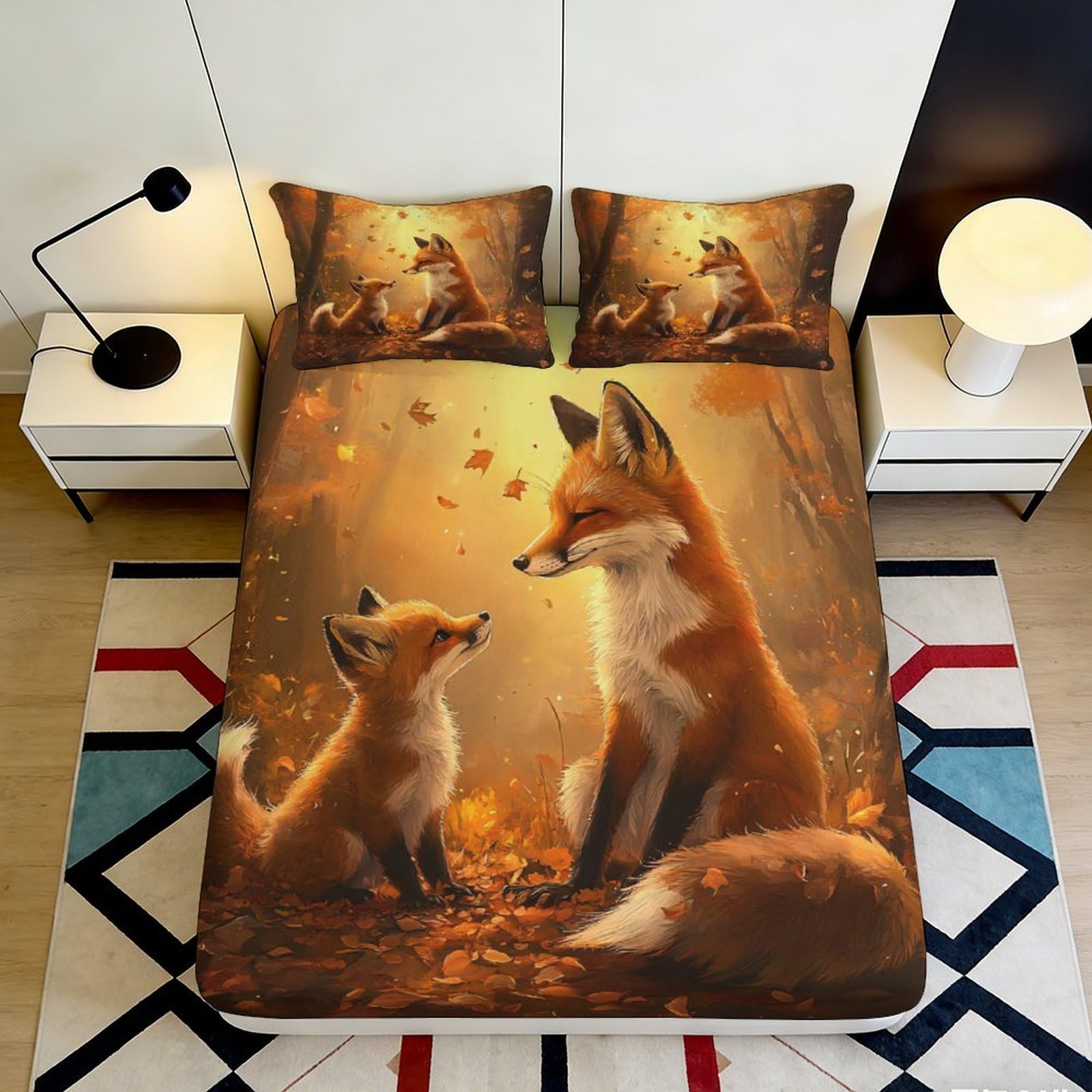 3D Printed Autumn Fox Fitted Sheet Microfiber Soft Breathable Forest Leaves Bed Cover for Bedroom Dormitory Guest Room Mattress Protection Decor 120x200x25cm