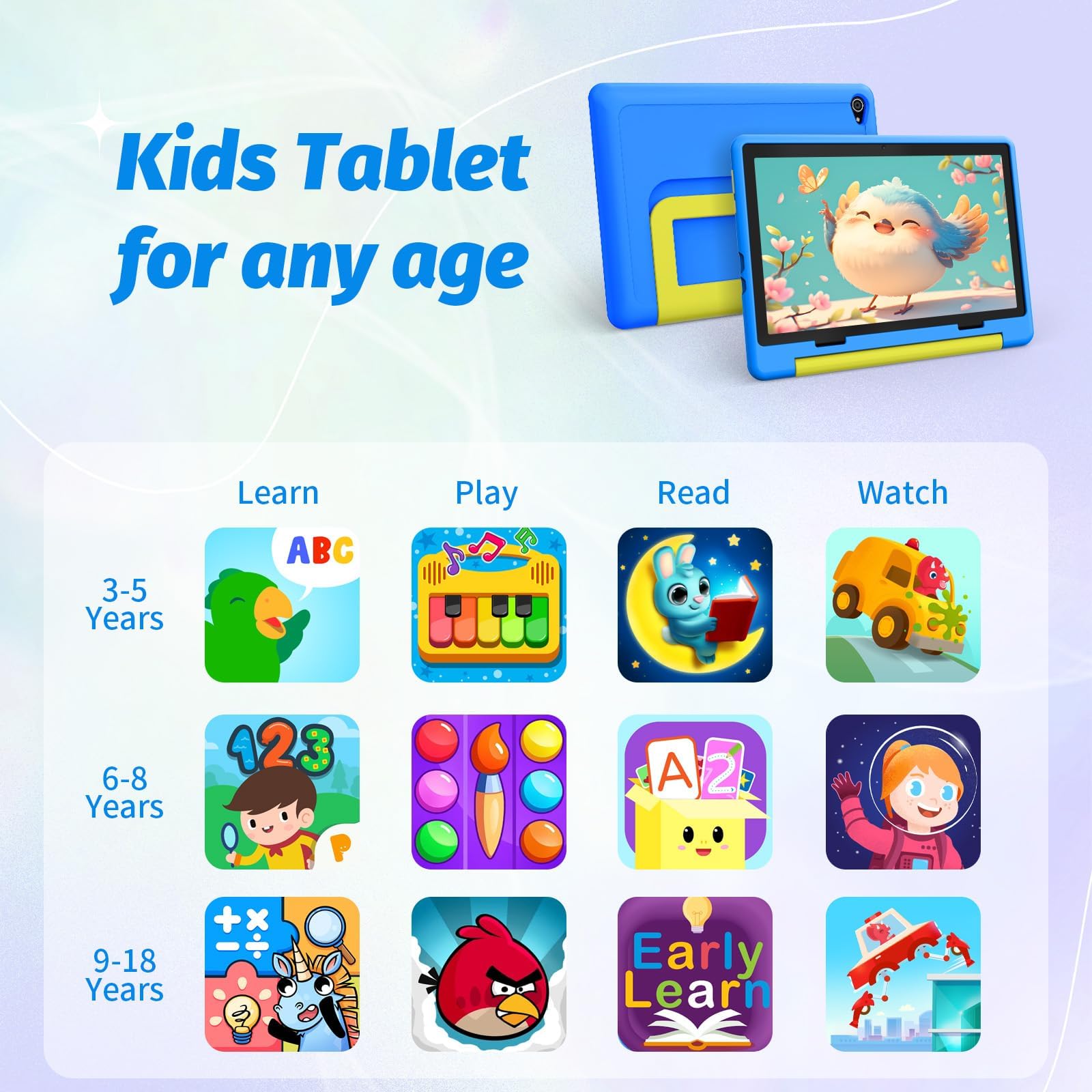 MUISOO Kids Tablet 10 inch, Android 15 Tablet for Kids Ages 3-12 Years, 20GB+64GB(1TB TF Expand), Octa-Core Processor, Parental Controls, WiFi 6, BT5.3, Preloaded Edu Apps Pad with Case (Blue) — view 5