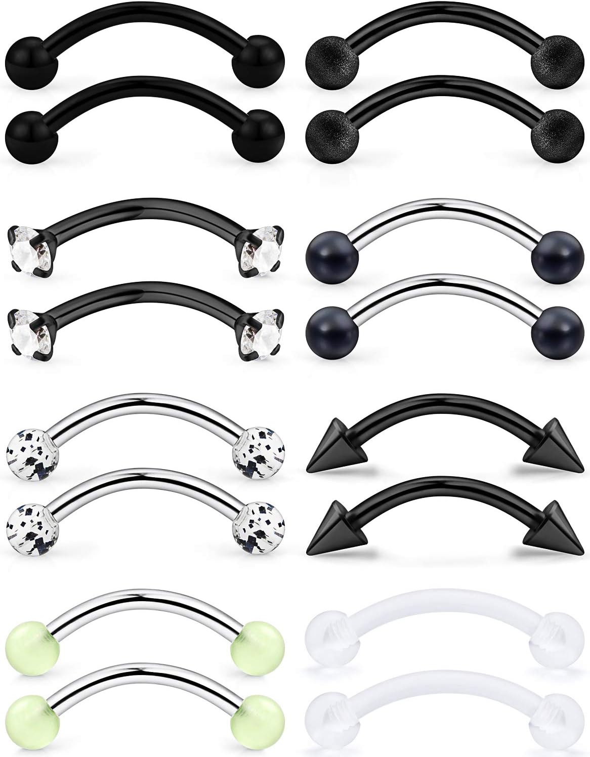 3/8in(10mm) L, 8Pairs, 16G Curved Barbells. Eyebrow Piercing Stainless Steel Earrings CZ Matt Ball Curved Barbell Daith Rook Snug Tragus Body Jewelry Retainer