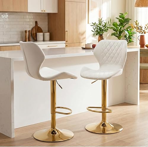 CIMOTA Juego de 2 taburetes de bar giratorios de terciopelo blanco, sillas de bar de altura de mostrador con respaldo/base dorada, silla moderna