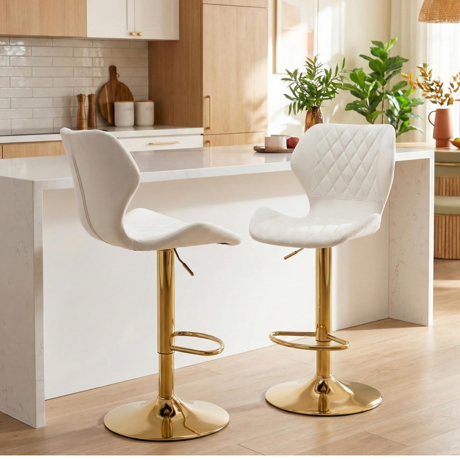 CIMOTA Velvet White Bar Stools Set of 2 Swivel Barstools Counter Height Bar Chairs with Back/Gold Base Modern Adjustable Stool Chair for Kitchen