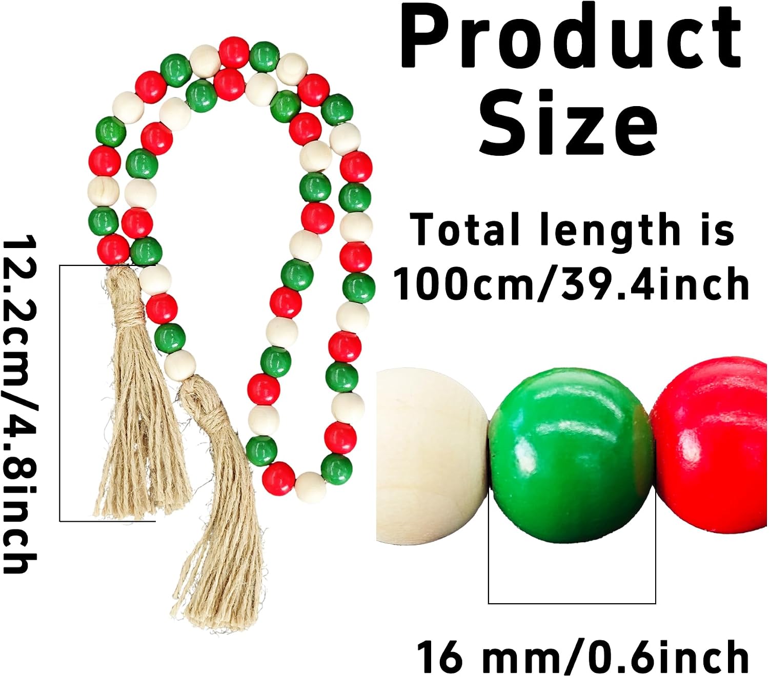 pson 39.4 Inch Wood Bead Garland with Tassels, Farmhouse Beads for Wall Hanging, Boho Rustic Prayer Beads, and Home Décor(Red, Green and White)