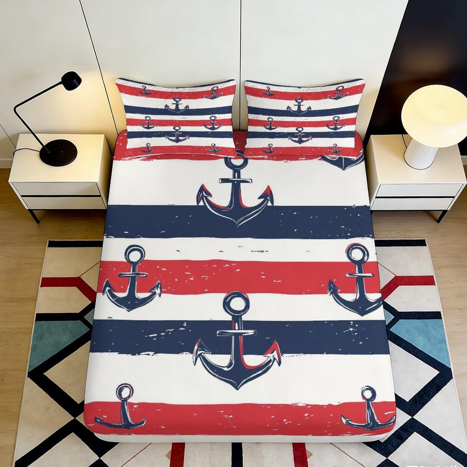 3D Printed Nautical Anchor Fitted Sheet Microfiber Deep Pocket Bedroom Bedding Stripe Mattress Fitted Cover Adult 200x200x25cm 90x200x25cm