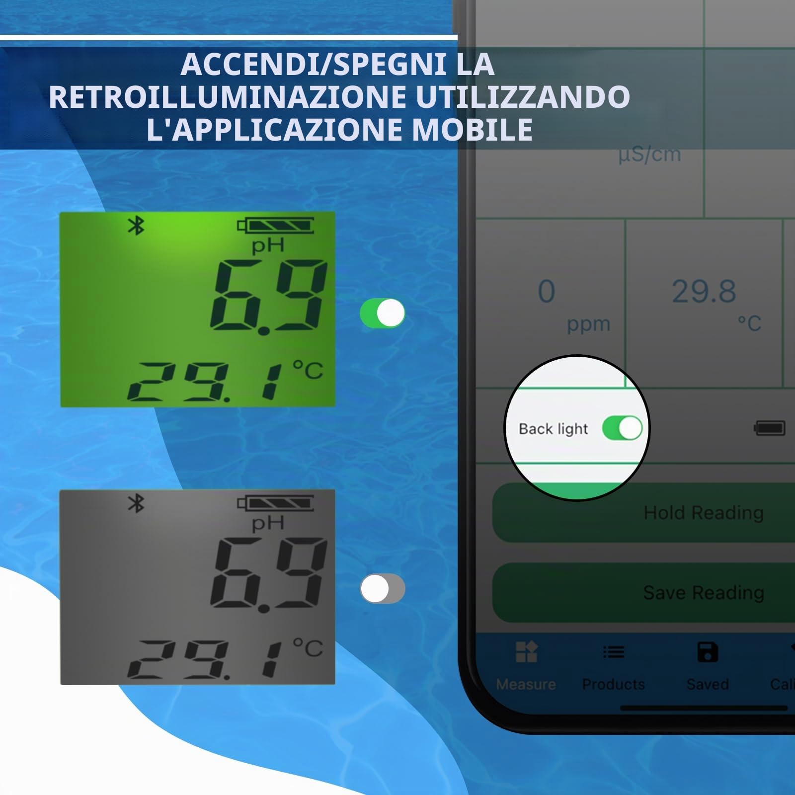 Misuratore di qualità dell'acqua 6 in 1 con Bluetooth e memoria dati per piscina - Misuratore di qualità dell'acqua per cloro, pH, EC (conduttività), ORP, contenuto di sale e temperatura, con app