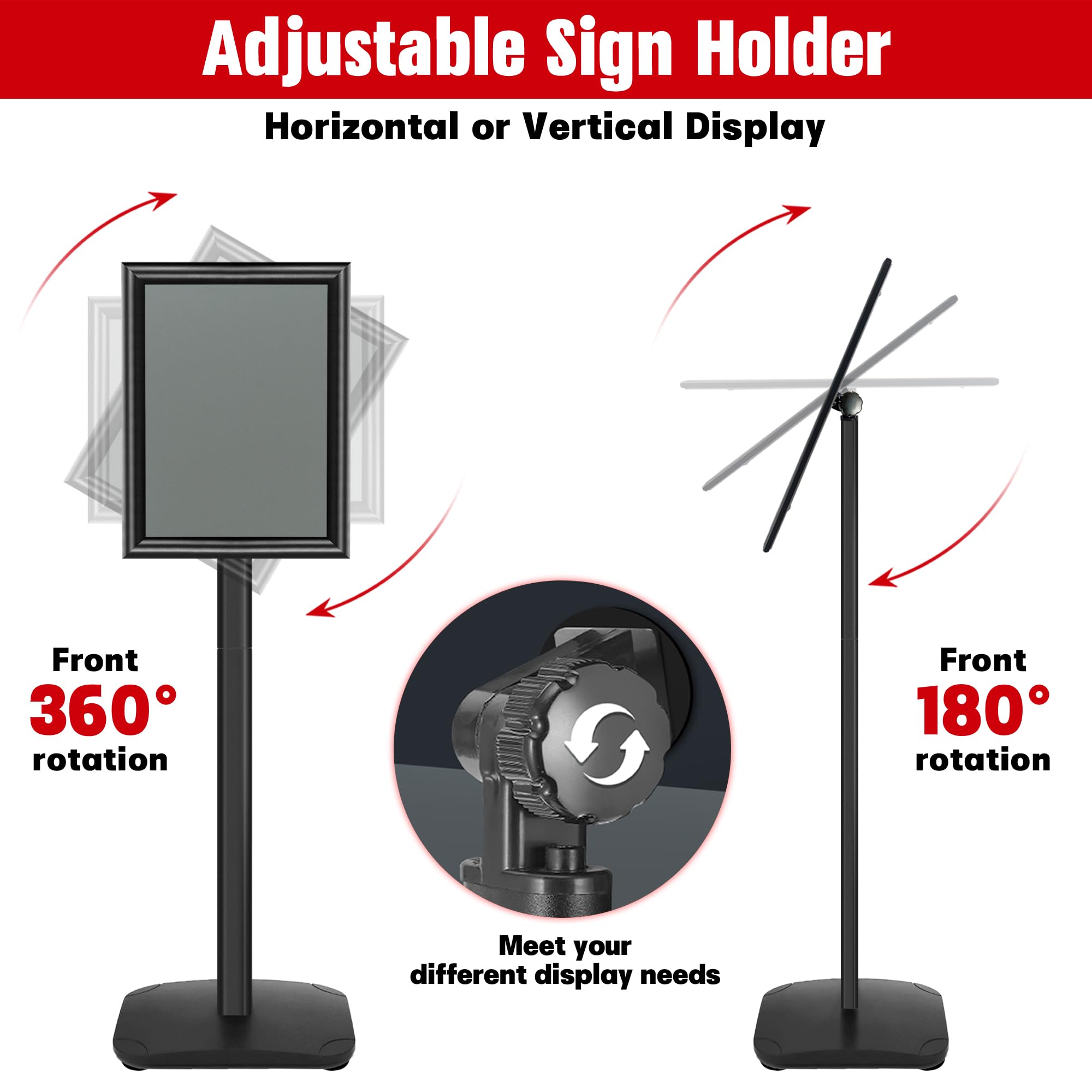 Présentoir A4 robuste sur Pied - Base fonte lestée, Rotation 360°, Cadre Aluminium Clipsable - Support Panneau A4 – Porte Affiche Menu Restaurant, Support Document Bureau | Noir