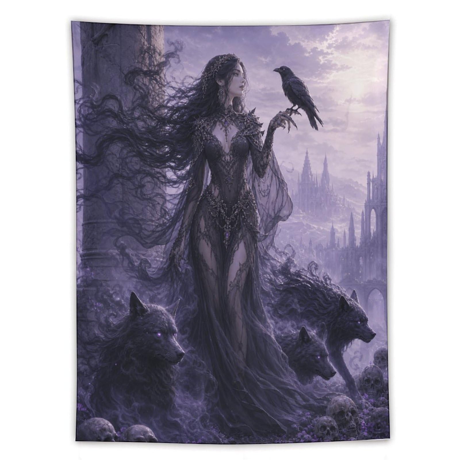 W7C8U2X3 Raven Witch with Wolf Wall Tapestry, Fantasy Illustration Style