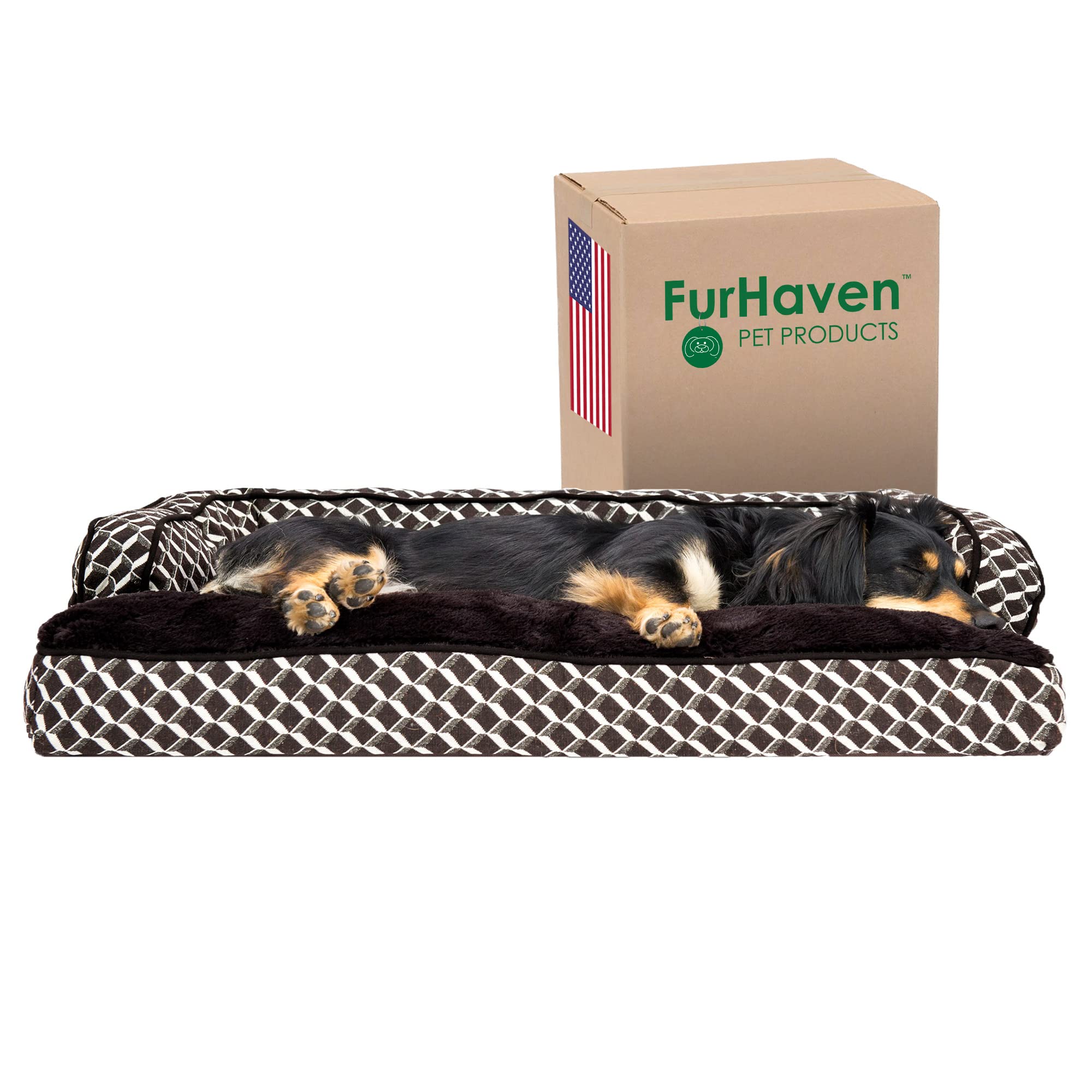 Furhaven Pillow Dog Bed for Medium/Small Dogs w/Removable Bolsters & Washable Cover - Plush & Woven Decor Comfy Couch Sofa - Diamond Brown, Medium — image 1